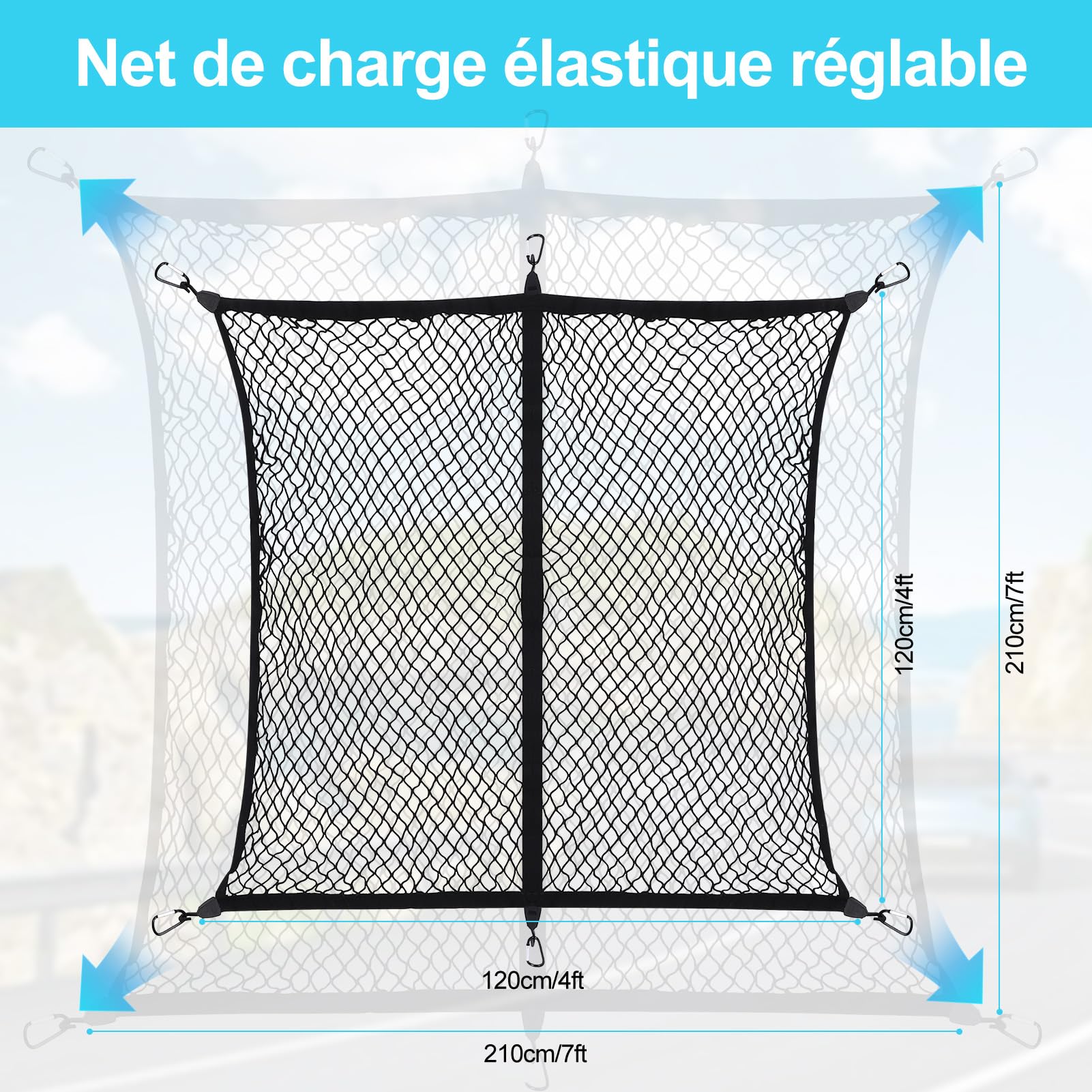 Filet à Bagages Hautement Élastique, 3.9 X 3.9ft Extensible Jusqu'à 6.9 X 6.9ft (Une Couche), Filet à Bagages avec 6 Mousquetons en Acier +Sac de Rangement pour Camionnette SUV, Camions et Caravanes