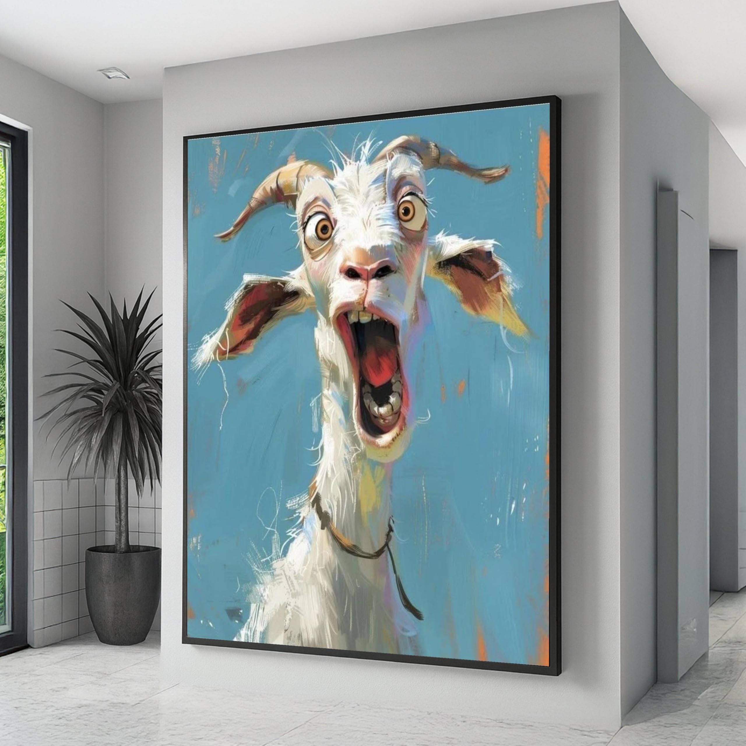 Cadre intérieur chèvre surprise pour habiller un grand mur blanc de salon - 8