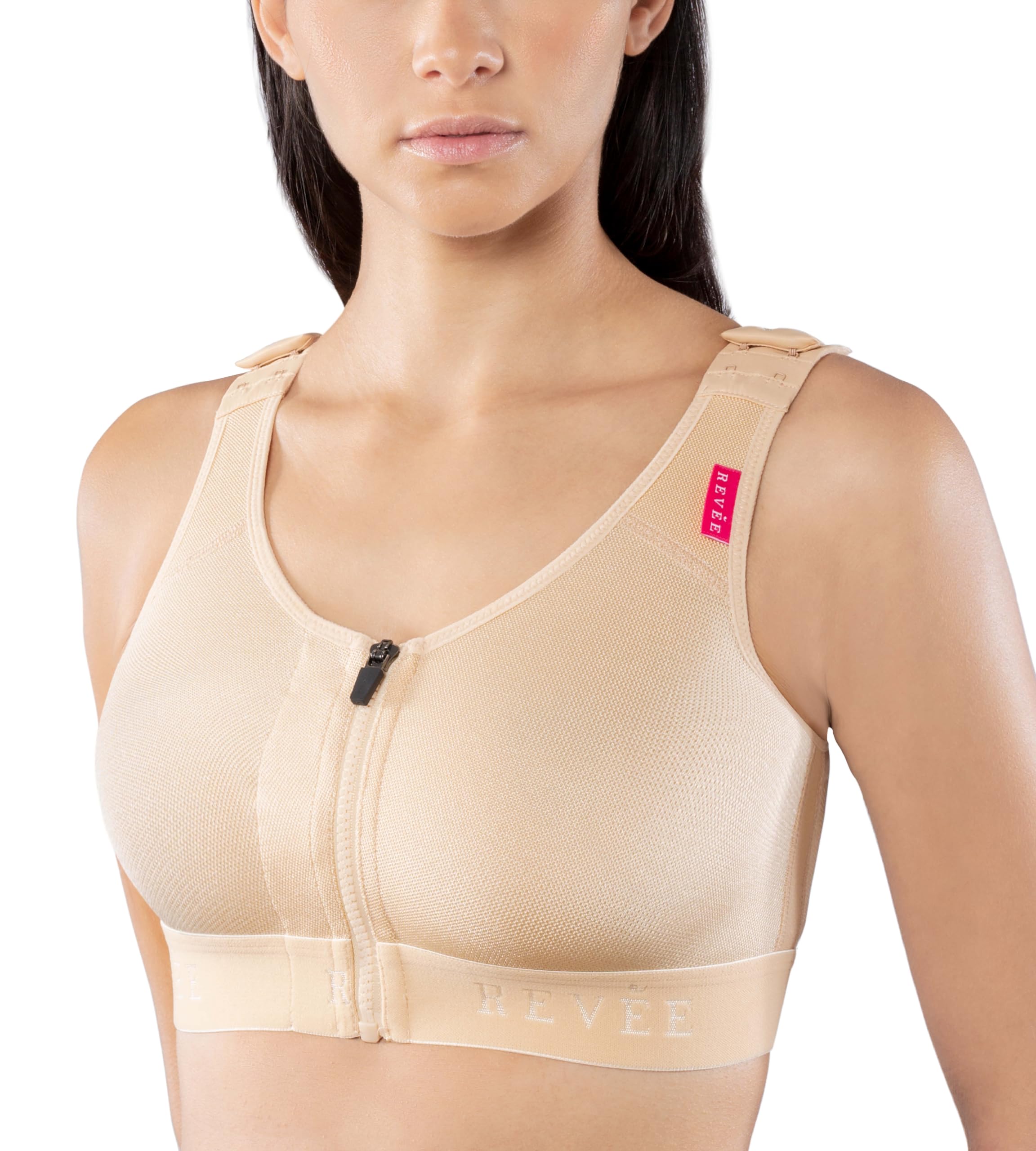RÉVÉE Bra Elodie Brassière Post Opératoire - Soutien Gorge de Compression Postopératoire avec Ouverture Frontale, Augmentation ou Réduction Mammaire, Substitution de Prothèse, Blanc/Noir