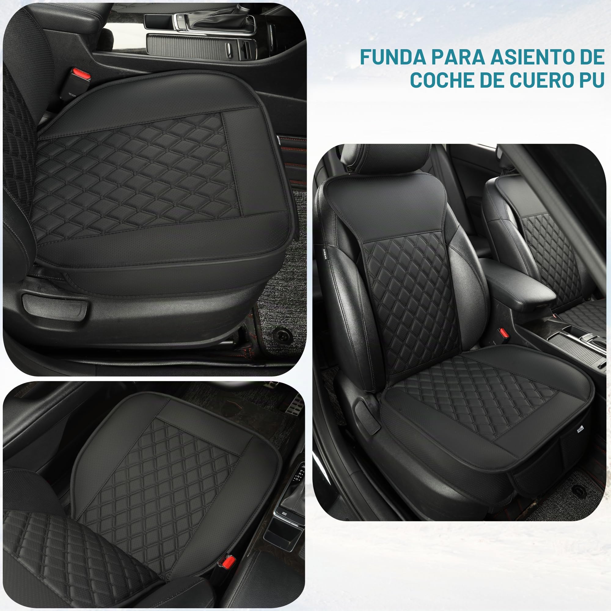 Black Panther Pack de 2 Fundas de Asiento Delantero con Fundas para Reposacabezas – Cuero PU, Acolchado de Rombos, Ajuste Universal | Protección Total de la Base | Instalación Fácil (Negro)