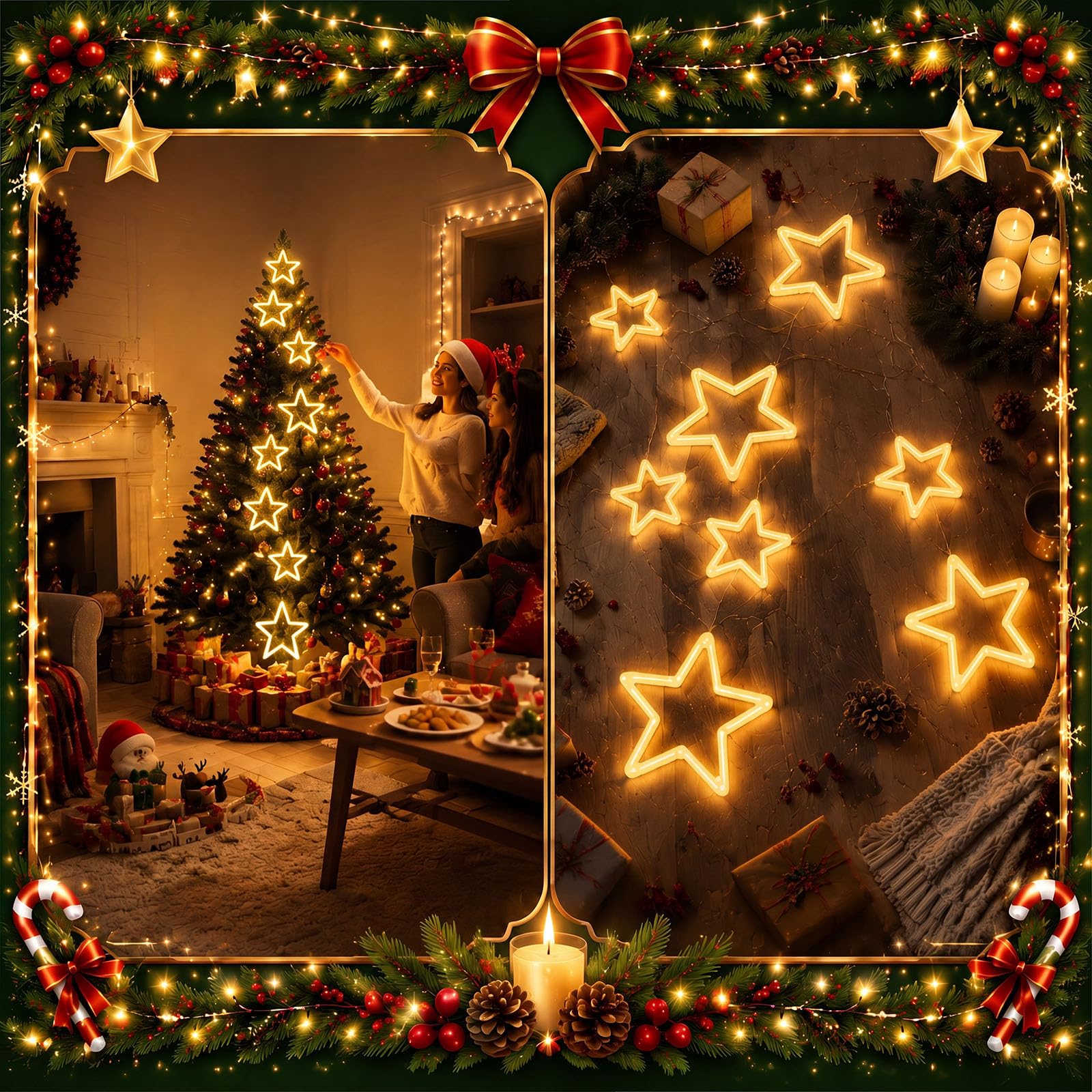Lewtemi Decorazioni natalizie per finestre a forma di stella, luci al neon per decorazione da parete, luci a stella alimentate tramite USB, luce bianca calda, illuminazione per finestre da appendere