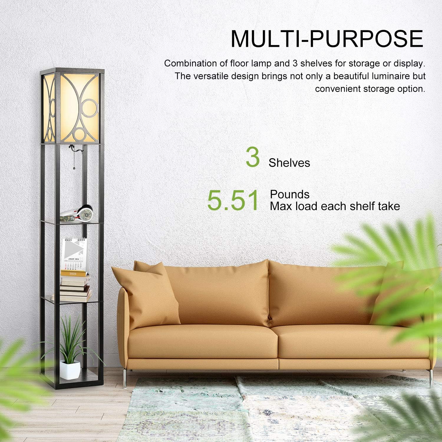 Consciot 63’’ Tall Modern Wood Floor Lamp with Shelf Pull Chain Switch, Standing Floor Lamp Nightstand with Display Shelves for Living Room Bedroom, Home Décor Lighting Accessory, Black