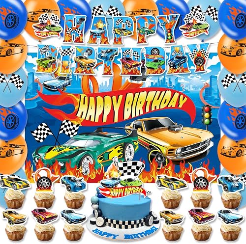 42pcs Hot Car Party Decoration Cars Themed Birthday Pack Includes Banner,Cake Topper,Blackdrop,Balloons Whells Party Decoration