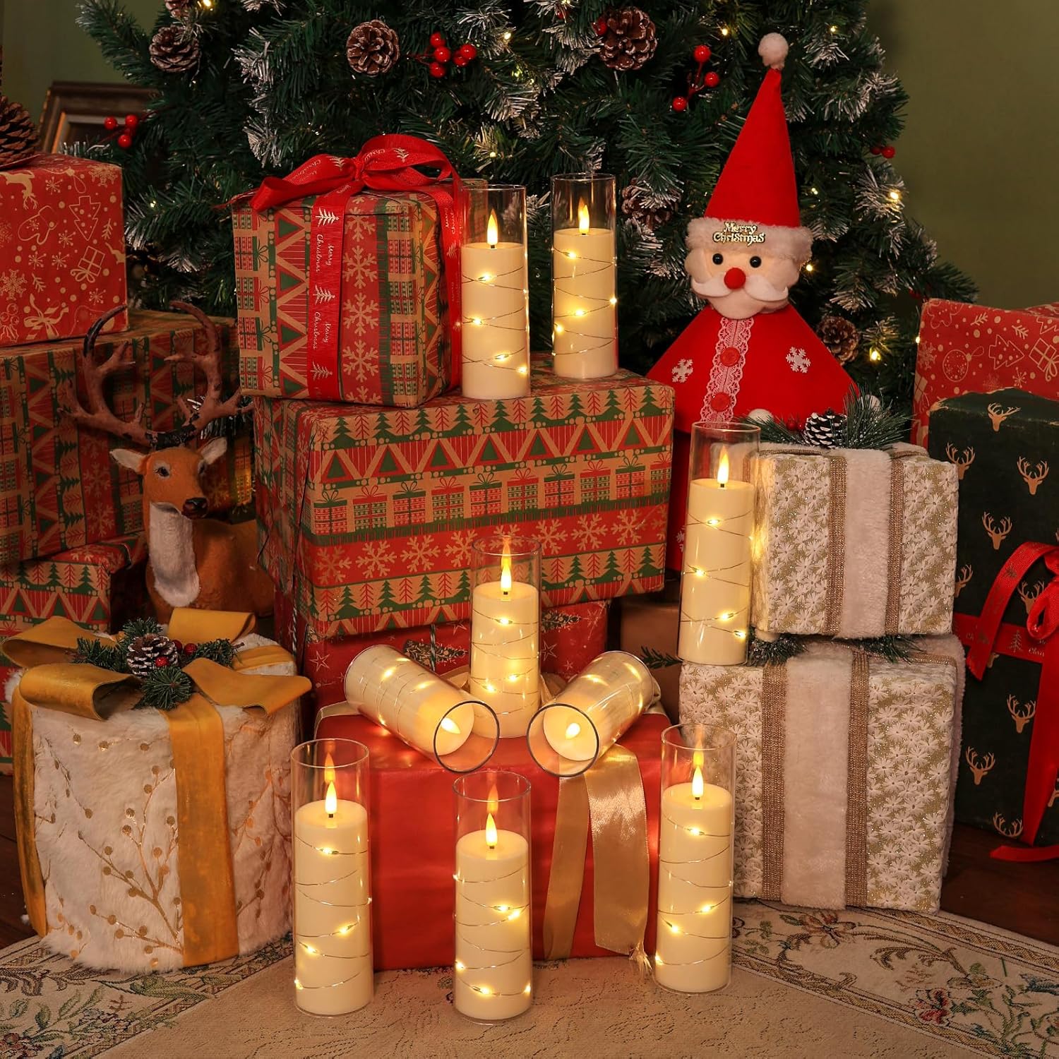 Flameless Candles with Remote & Embedded String Lights, Realistic 3D Wick LED Candles with Timer, White Acrylic Battery Operated Candles for Party, Wedding, Birthday, Home Decor, Set of 9