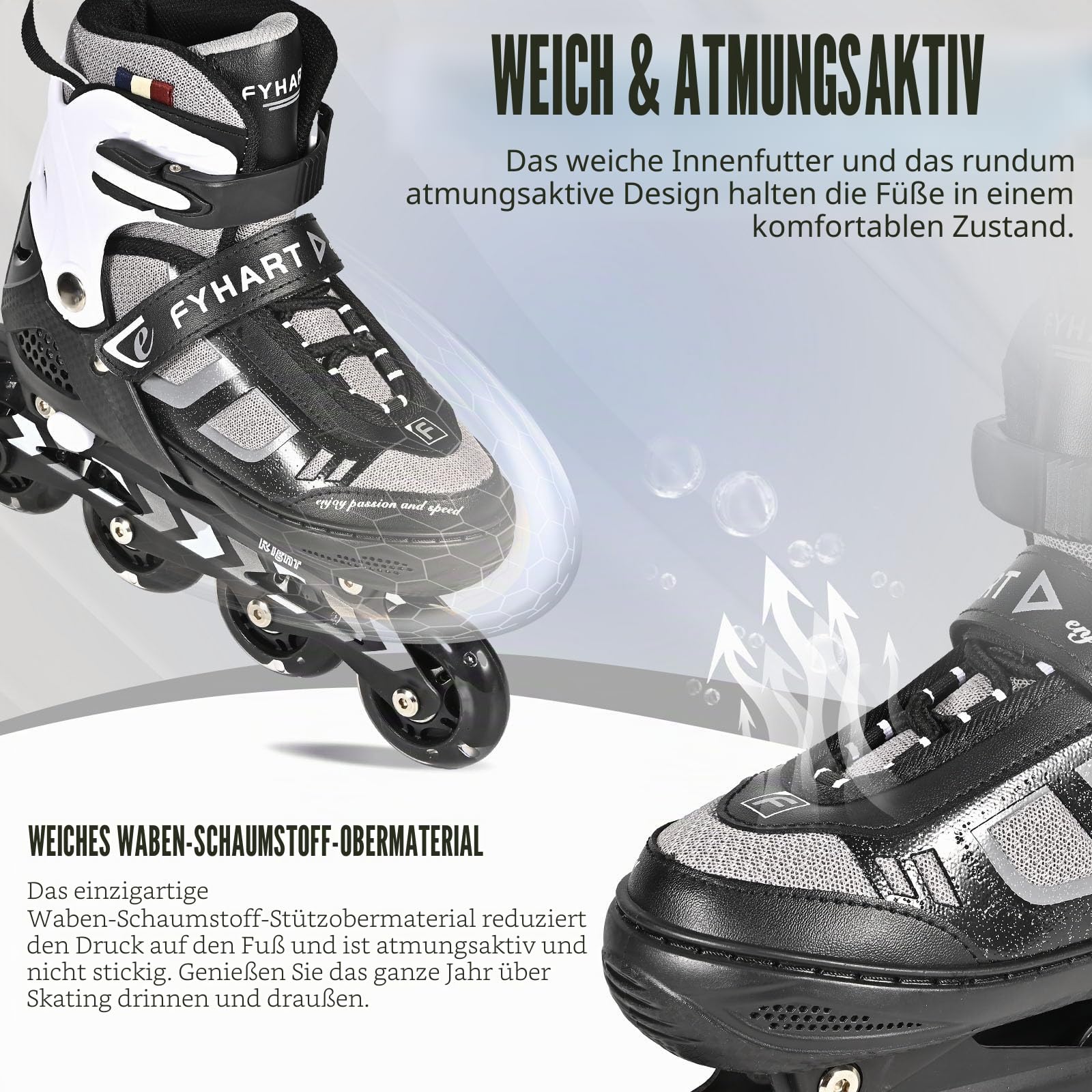 Einstellbare Kinder Inline Skates für Jungen Mädchen, 4-Rollen Inline Skates für Jugendliche & Erwachsene mit leuchtenden Rädern für drinnen draußen Sport Freizeit, Schwarz Weiß