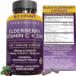 Viva Naturals Black Elderberry 1000mg with Vitamin C, D3 5000 IU & Zinc - 5-in-1 Immune Support Supplement for Adults, Sambucus Elderberry Capsules with Ginger for Men and Women, (60 Capsules)