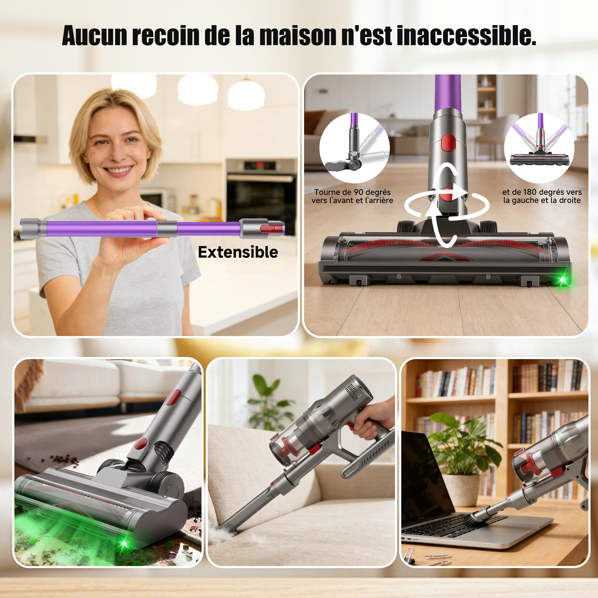 Hearten Aspirateur Balai sans Fil, 70000 Pa/70 Min, Ultra-Silencieux, avec Écran LED, Brosse Anti-Emmêlement en V, Utilisation Simplifiée, Tient Debout, pour Tapis, Sols Durs et Animaux