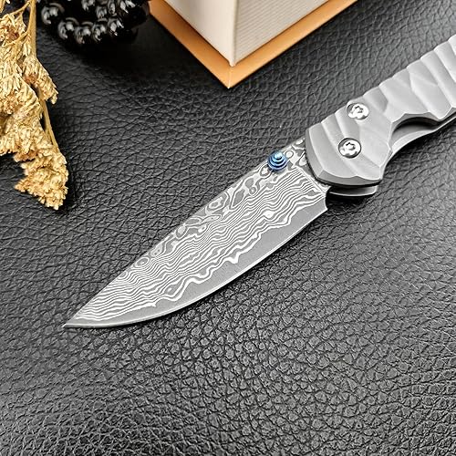 Miniatura 5 de Cuchillo de bolsillo plegable ECD de 6.7 pulgadas, cuchillo plegable de acero de damasco, bloqueo de marco, asas de titanio TC4 con clip de