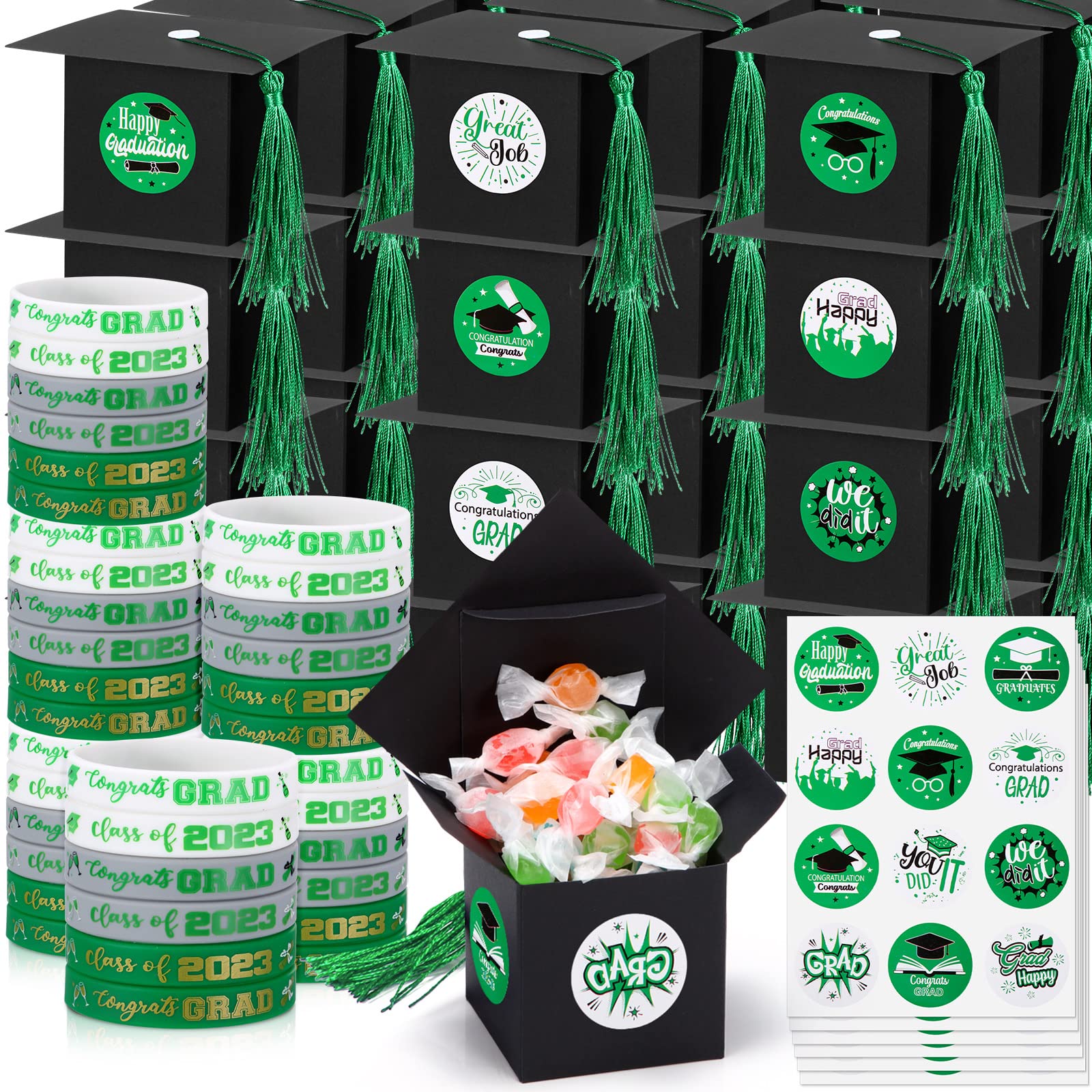 Outus 72 Pcs Graduation Cap Boxes 72 Pcs Graduation Wristbands Class of 2023 Gift Box Silicone Bracelets with Stickers Graduation Candy Box Grad Sweet Cookie Box Graduation Party Favors (Green)