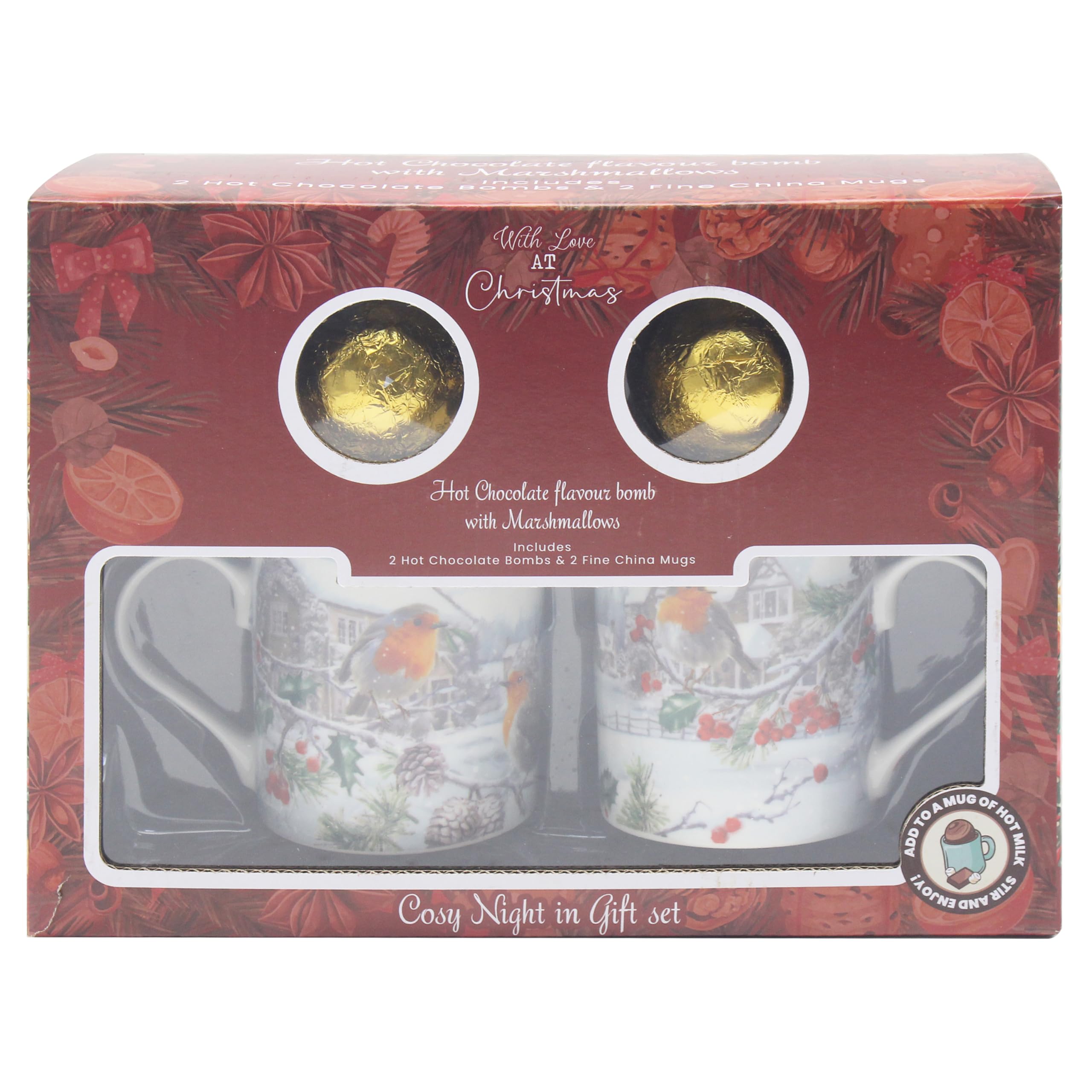 Twin Set Hot Chocolate Bombs With Robin Mugs Christmas Gift Set