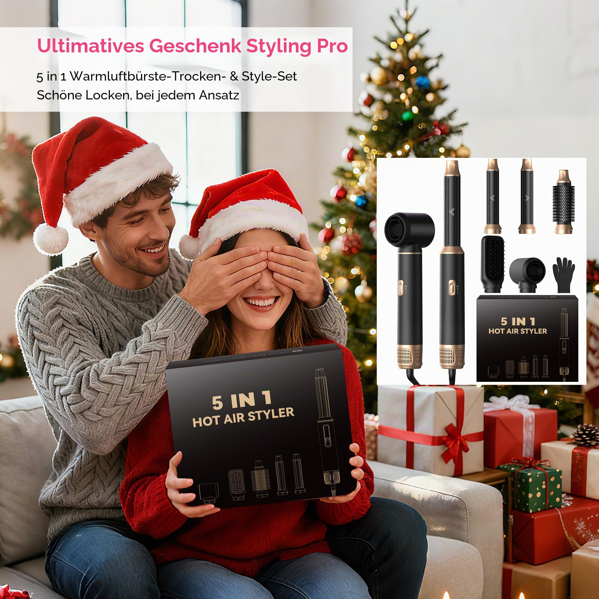 Atopskins 5 in 1 Hairstyler mit Lockenstab mit Luft Links/Rechts, 1000W Airstyler Hair Styler Set mit Föhn für Locken, Rundbürstenföhn, Haarstyler, Warmluftbürste, Airbrush, Glättbürste, Schwarz-gold