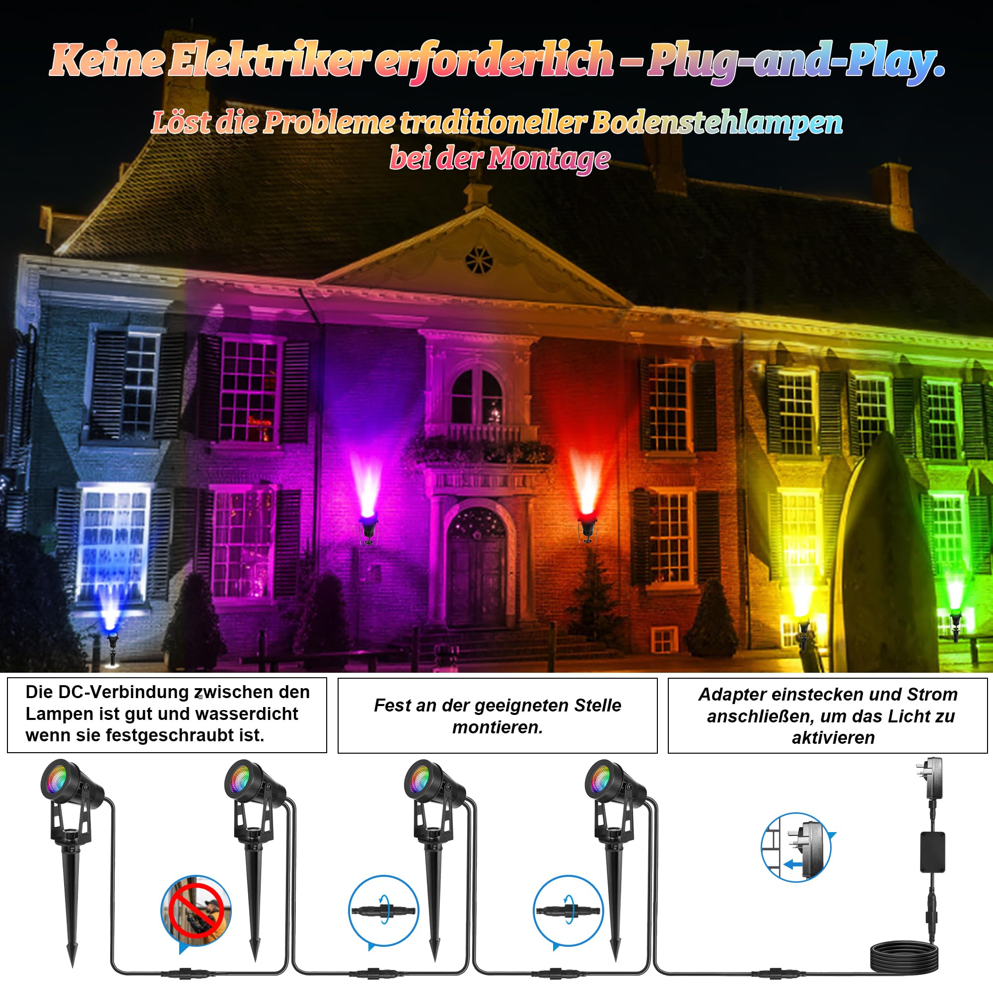 HUAEU RGB Garden Spotlights Mains, 21 M, 6-in-1 Outdoor LED Spotlight, Warm White, 3000 K, 12 V - Image 2