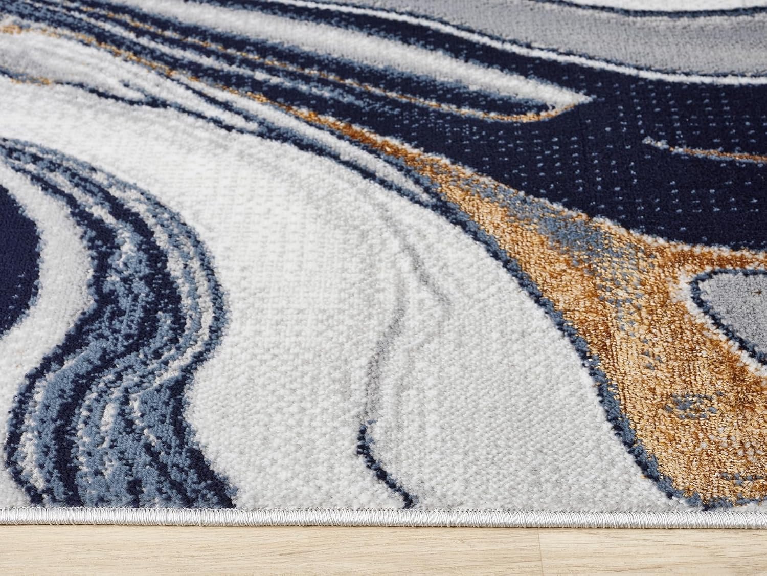 Modern Abstract 8x10 Area Rug Swirls Contemporary Marble Colorful Carpet for Living Room Bedroom with Gold Lurex Accents (Navy, 8' x 10')