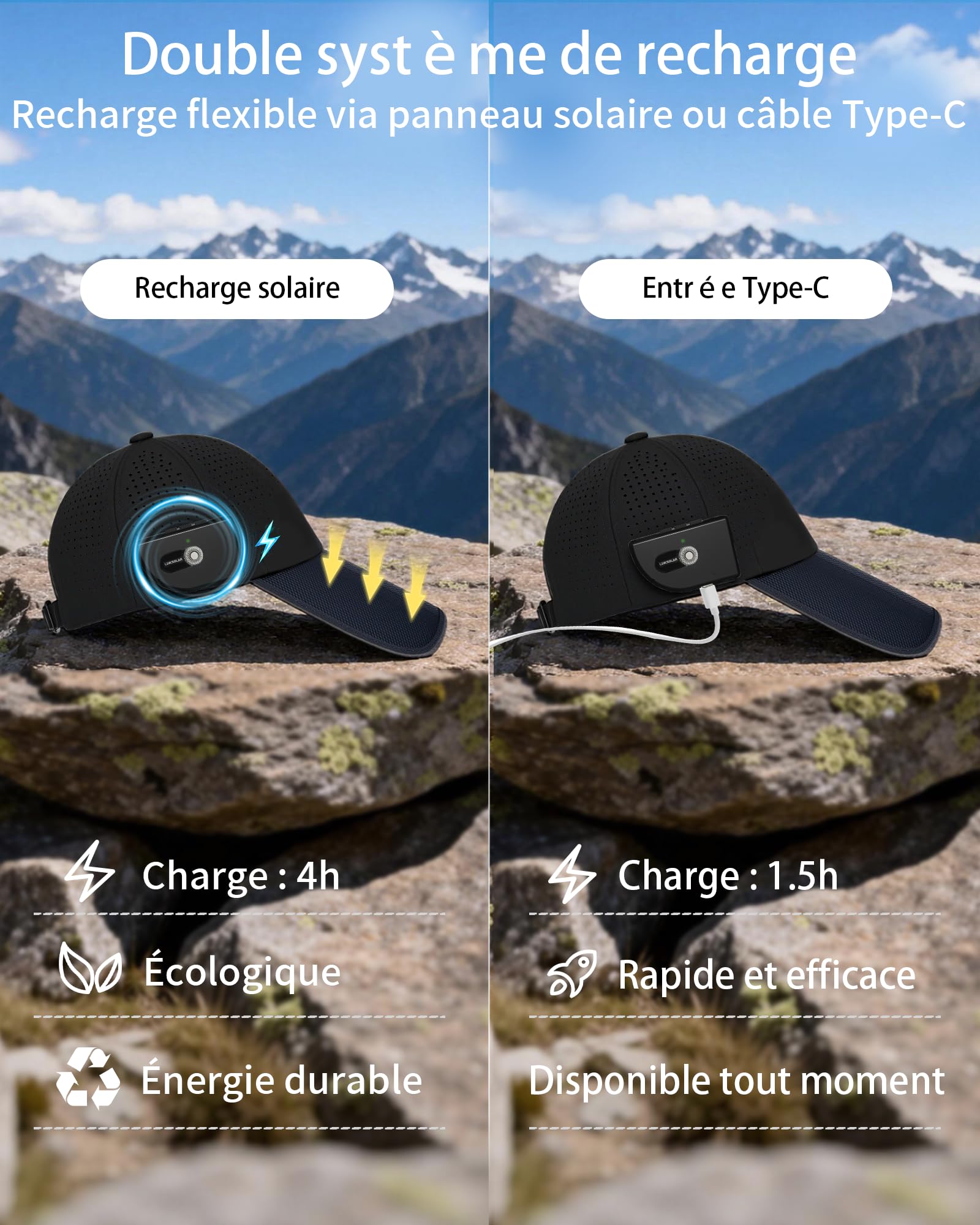Casquette de Baseball Solaire Bluetooth Smart Open-Ear ecouteurs