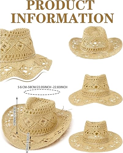 Miniatura 3 de Didaey 2 sombreros de vaquero de paja tejida para mujer, sombrero de vaquera de ala ancha, sombrero de vaquero occidental, para hombres y mujeres,