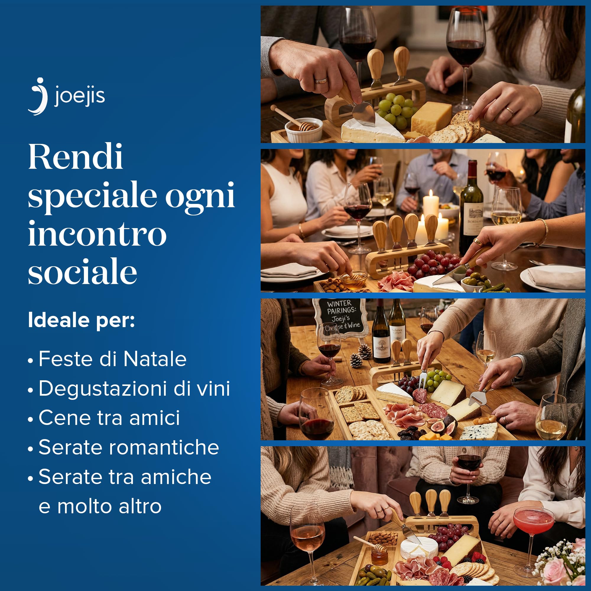 joeji's Kitchen Tagliere per Formaggi Aperitivo in Legno di Bambù - Set formaggio e coltelli con Quattro Utensili - Regali di Natale, regali di inaugurazione della casa, regali di anniversario