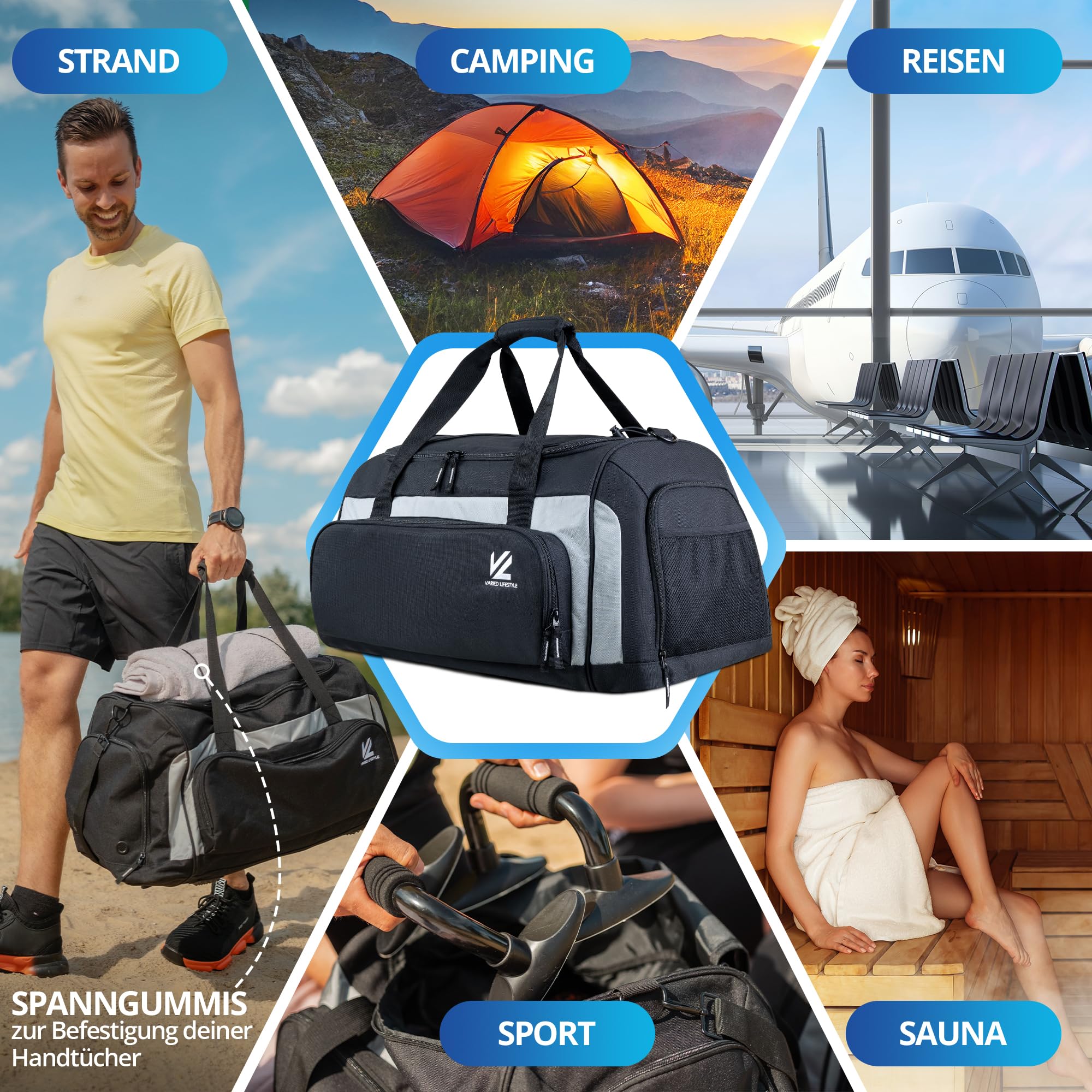 Borsa sportiva – Varianti (Parent), nero/argento, L, Borsa sportiva con scomparto per scarpe e scomparto umido e scomparto refrigerante