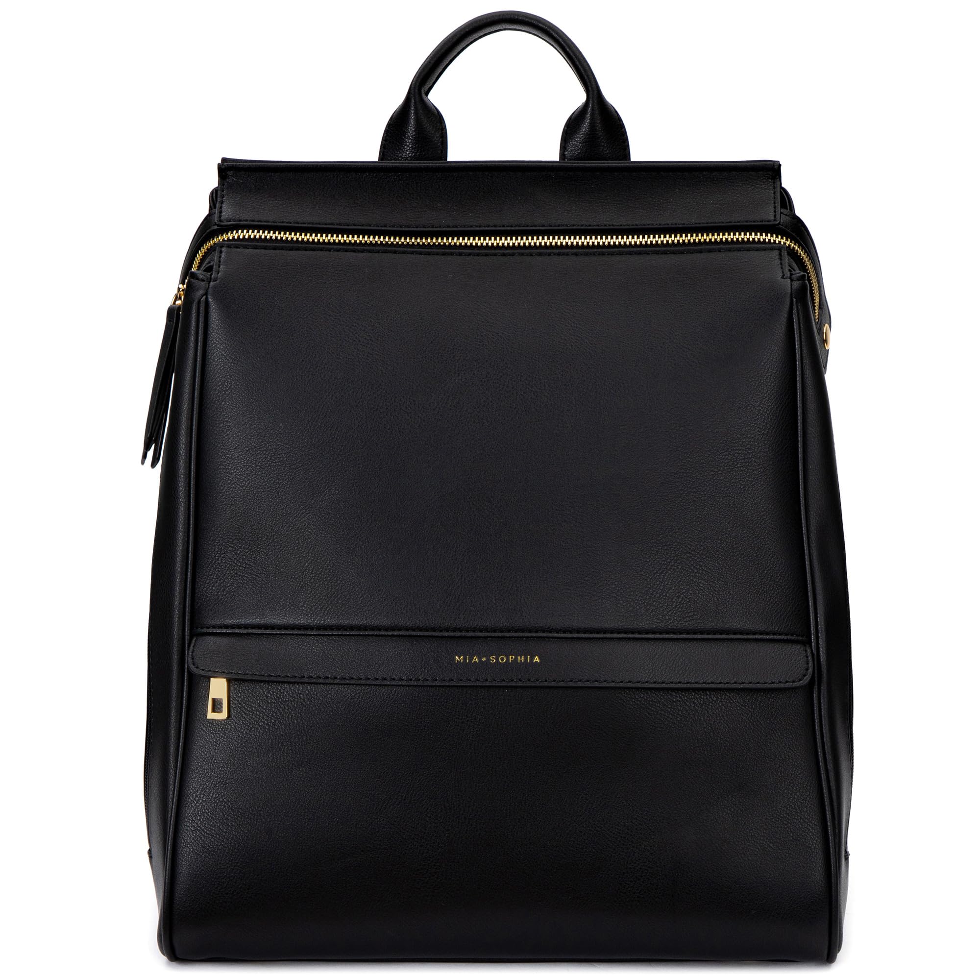 MIA + SOPHIA Leather Diaper Bag Backpack with USB Charging port, Changing Pad, Stroller Straps, and Bottle Holder (Black Sophia)