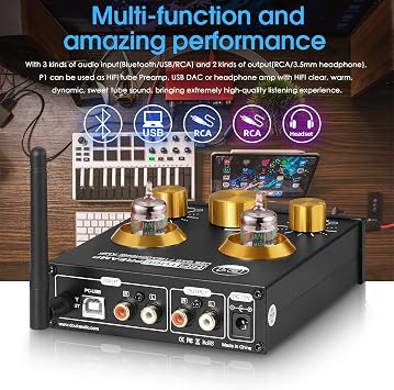 Douk Audio P1 Vacuum Tube Preamp & GE JAN 5654W Matched Tubes Bundle: Premium Sound Upgrade w/Bluetooth APTX-HD, USB DAC, Headphone Amp