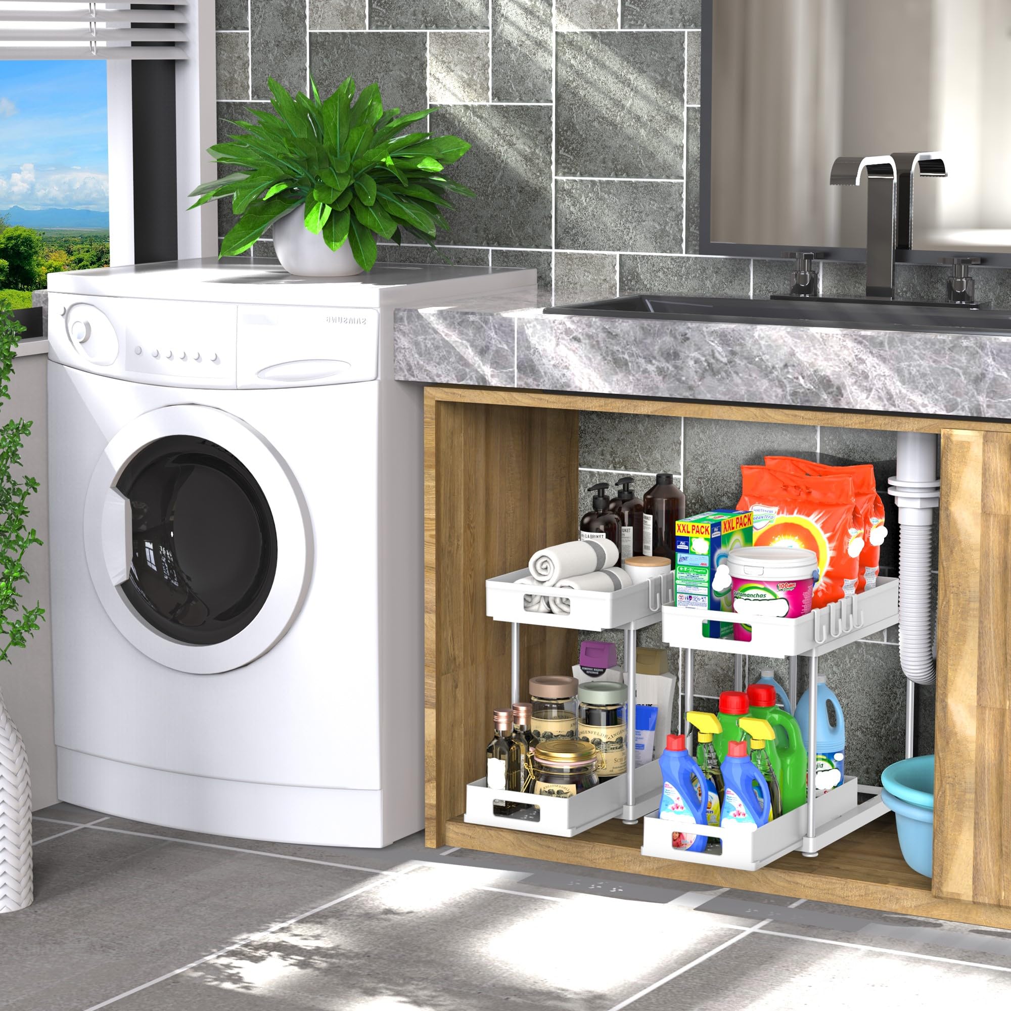 Lot de 2 organiseurs sous évier avec tiroir extractible, armoire de rangement à 2 niveaux pour cuisine et salle de bain, convient aux fournitures de nettoyage et aux articles de toilette, économie