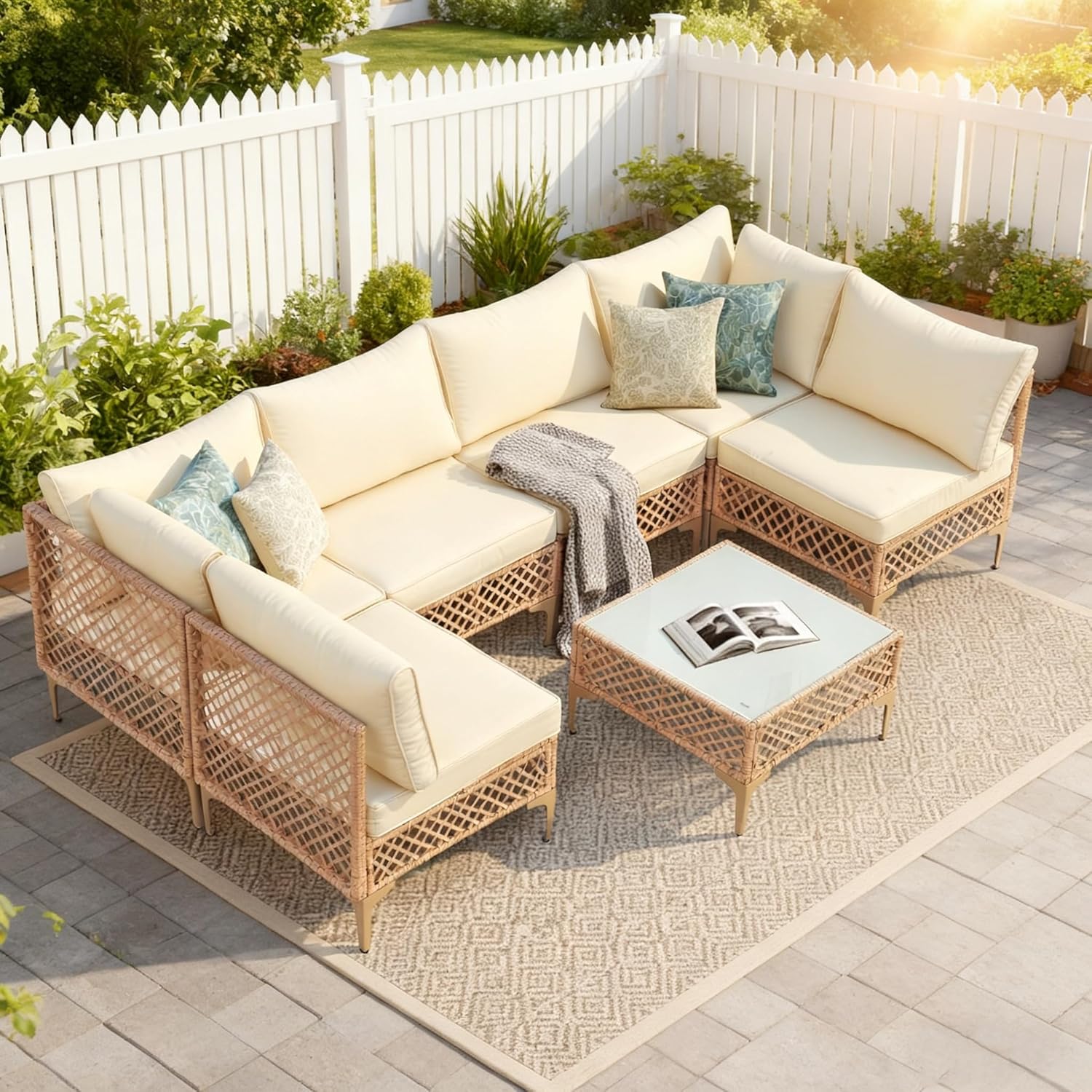 7 Piece Patio Furniture Set, Outdoor Wicker Sectional Sofa Conversation Set with Water Resistant Thick Cushions & Tempered Glass Coffee Table for Backyard, Porch, Boho Style, Natural/Beige