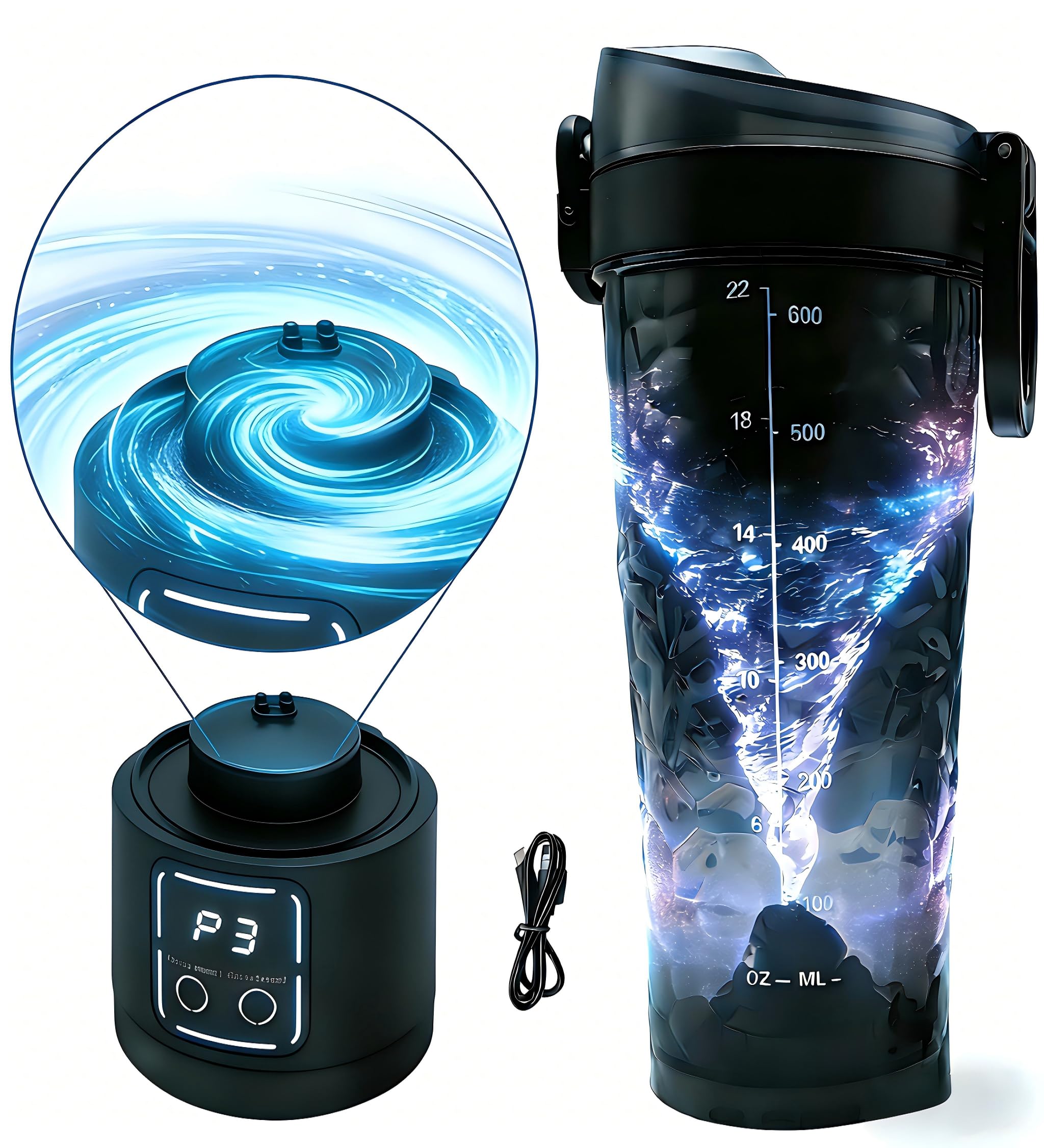 Bottiglia shaker elettrica per proteine, 700 ml, ricaricabile tramite USB, portatile, frullatore, 15 secondi, senza grumi, a tenuta stagna e silenziosa, per palestra/viaggi (nero)