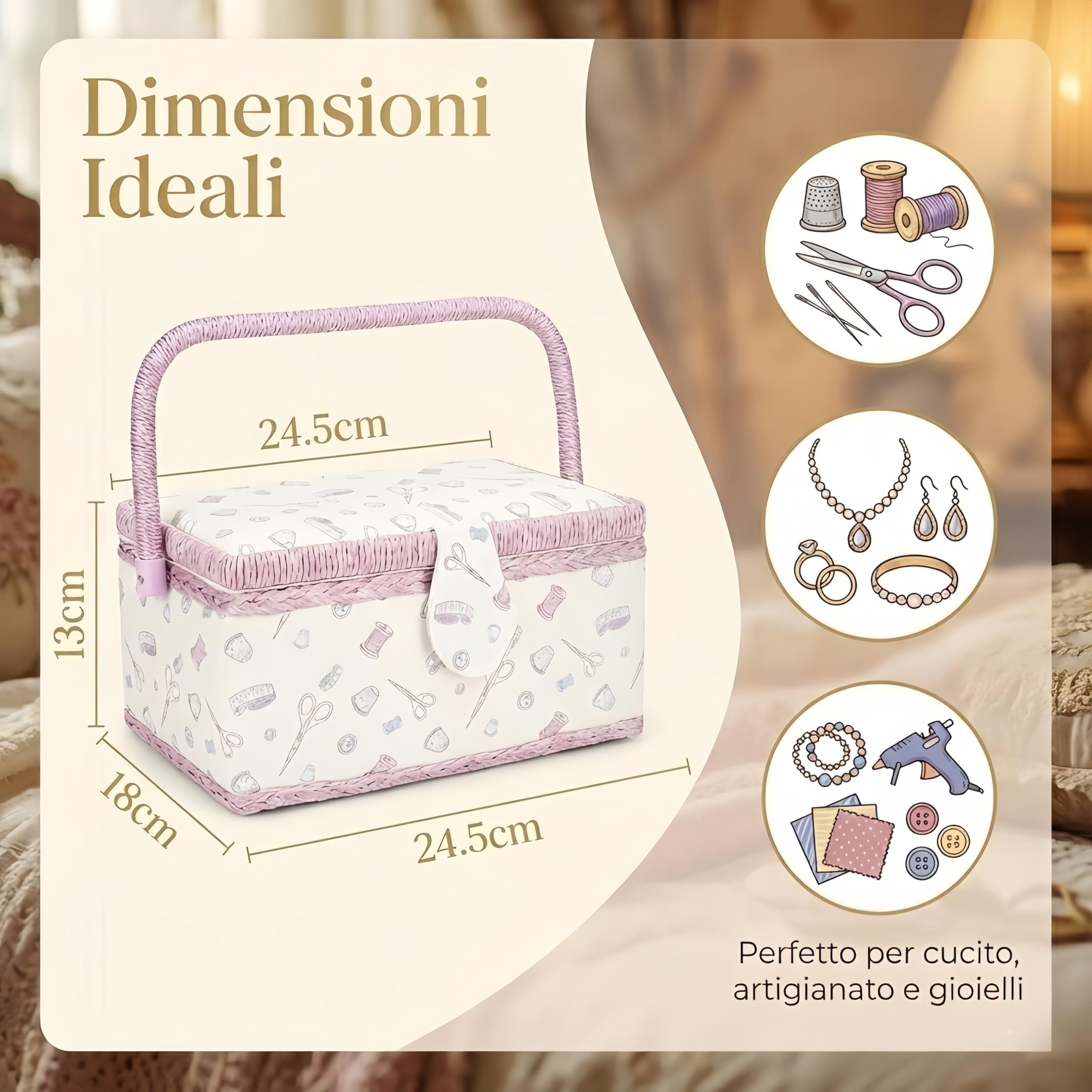 Cestino da Cucito Vintage con Manico - Scatola Portaoggetti in Tessuto con Vassoio Rimovibile, Organizer Kit Cucito Doppio Strato per Aghi e Fili (Fantasia Rosa)