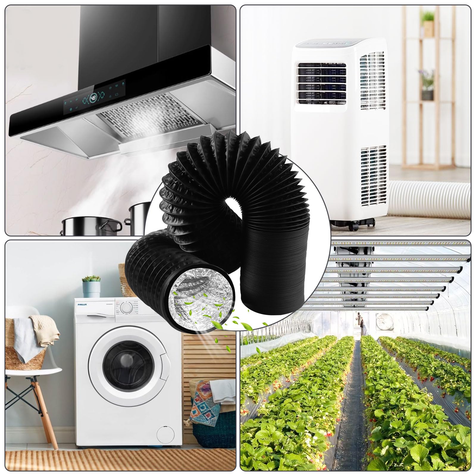 Czarny wąż powietrza wylotowego 150 mm długość 6 m PCW elastyczna rura aluminiowa wąż aluminiowy wąż aluminiowy wąż elastyczny z 2 obejmami do węża ze stali nierdzewnej do klimatyzatorów,