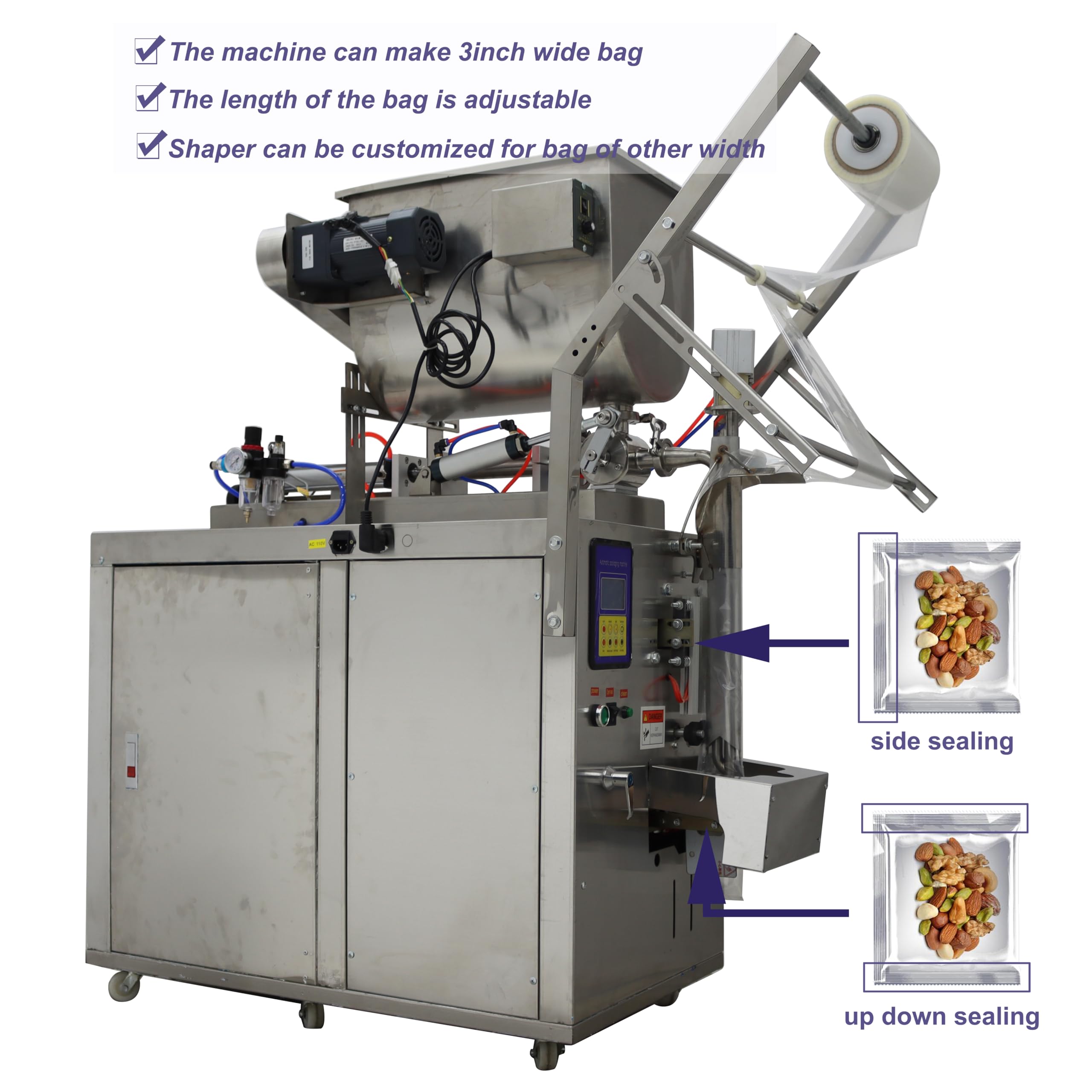 PreAsion Automatic Liquid Paste Filling Packaging Sealing Machine 10-100ml with Mix Hopper for Vinegar Sauce Salsa Sauce Stainless Steel Three Sides Sealing 3inch Wide