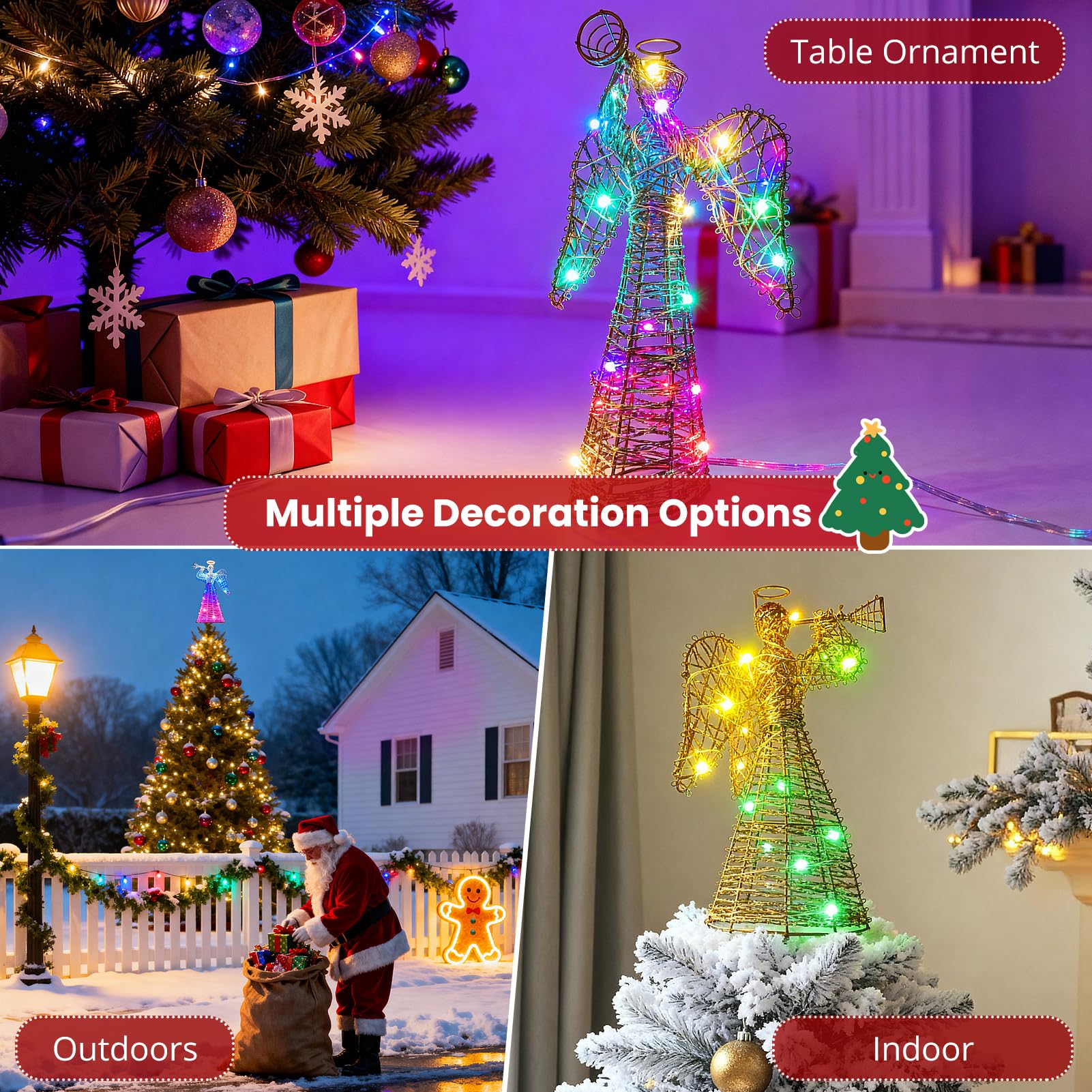 Weihnachtsbaumspitze mit goldfarbenem Glitzer und Trompete, 3D-Golddrahtrahmen, Engel mit mehrfarbigen LED-Lichtern, Smart-App-Steuerung und Musik-Synchronisation, beleuchtete Weihnachtsbaumspitze für