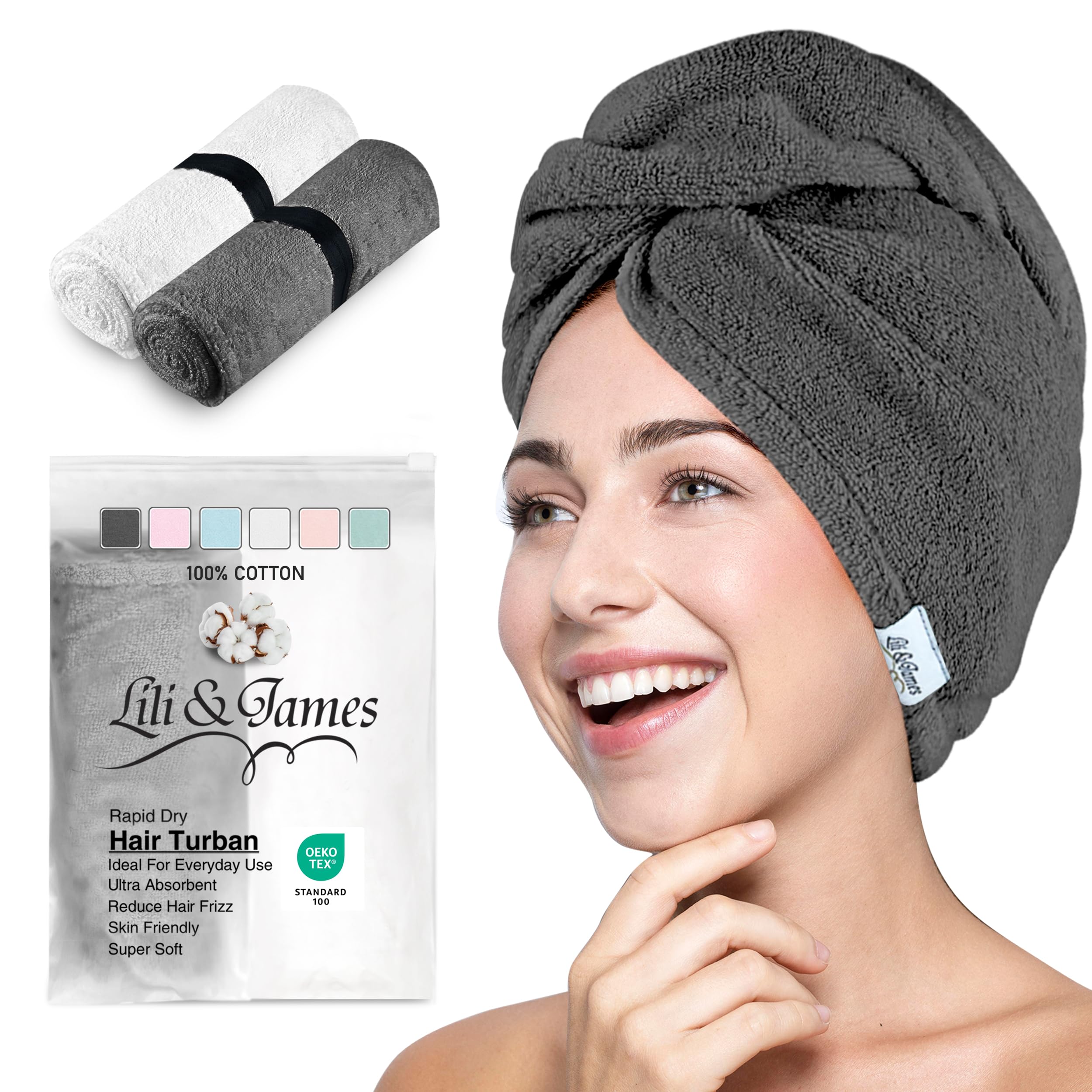 Lili&James Toalla de algodón para el cabello para mujer, secado rápido, suave y absorbente, 10 x 26 pulgadas, toallas envolventes con doble botón