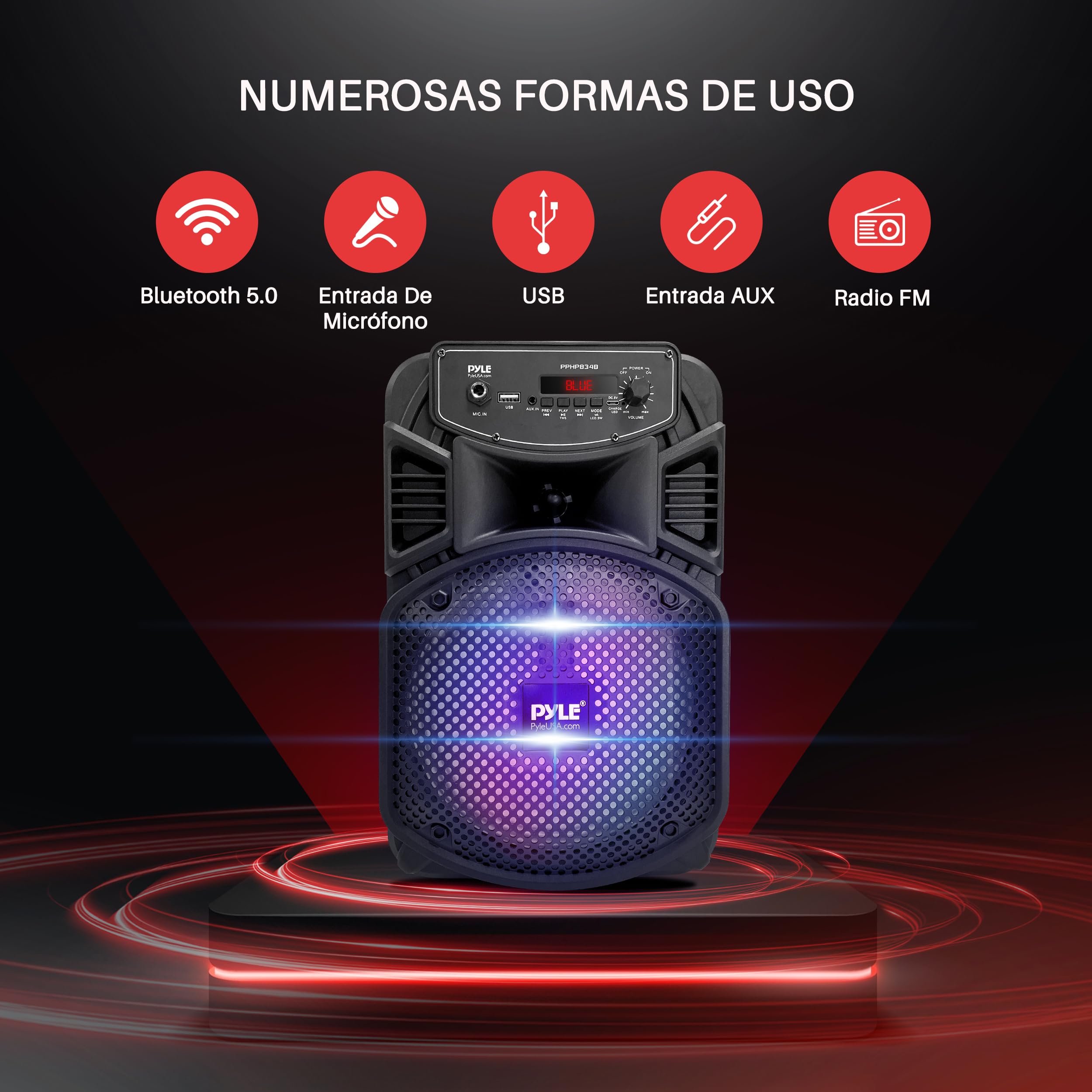 Pyle Sistema de Altavoces, PA, 300W, Bluetooth, portatil, Recargable, Exteriores, subwoofer de 8”, Tweeter de 1”, función de grabación, micrófono, Luces de Fiesta, Radio USB/SD, Color Negro