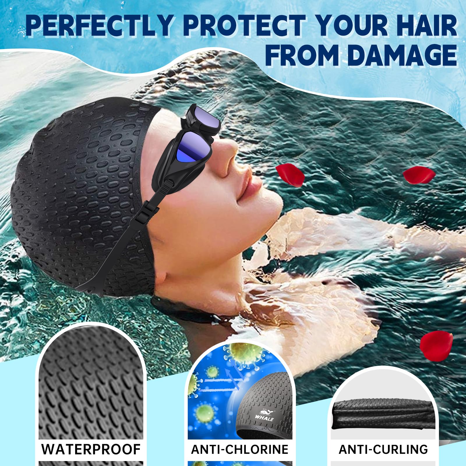 Große Badekappe, langlebig, Silikon, wasserdicht, ideal für langes Haar und dicke Zöpfe, hält das Haar trocken, Badekappe mit Ohrstöpseln, Nasenklammer-Set (schwarz)