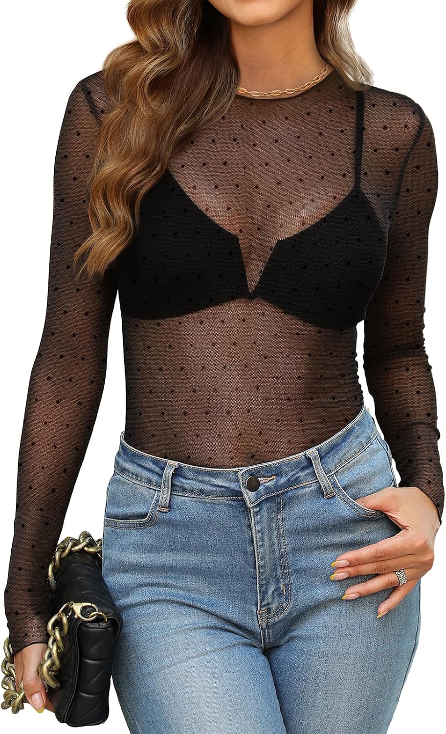 WIHOLL Womens Mesh Sheer Tops Sexy Crew Neck Summer Loose FIt Party Clubwear Shirts