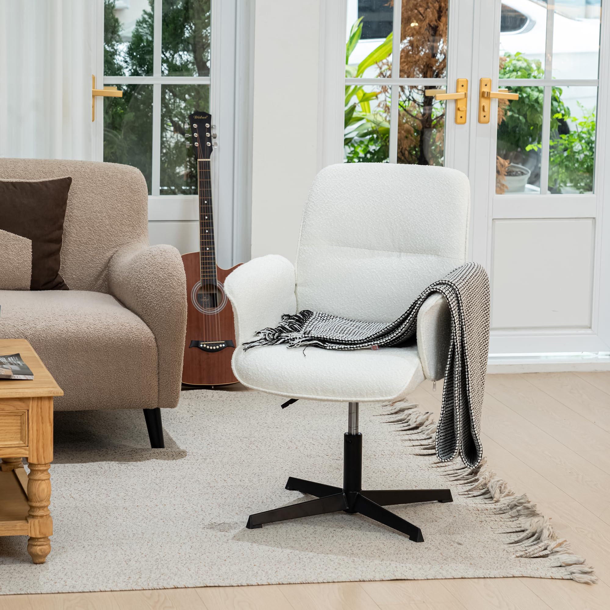 MEUBLE Cosy Sillones de salón Butaca nórdica Sillas de Maquillaje Escritorio de Giratoria Altura Ajustable con Reposabrazos para Dormitorio Oficina en Tela de Felpa Blanco