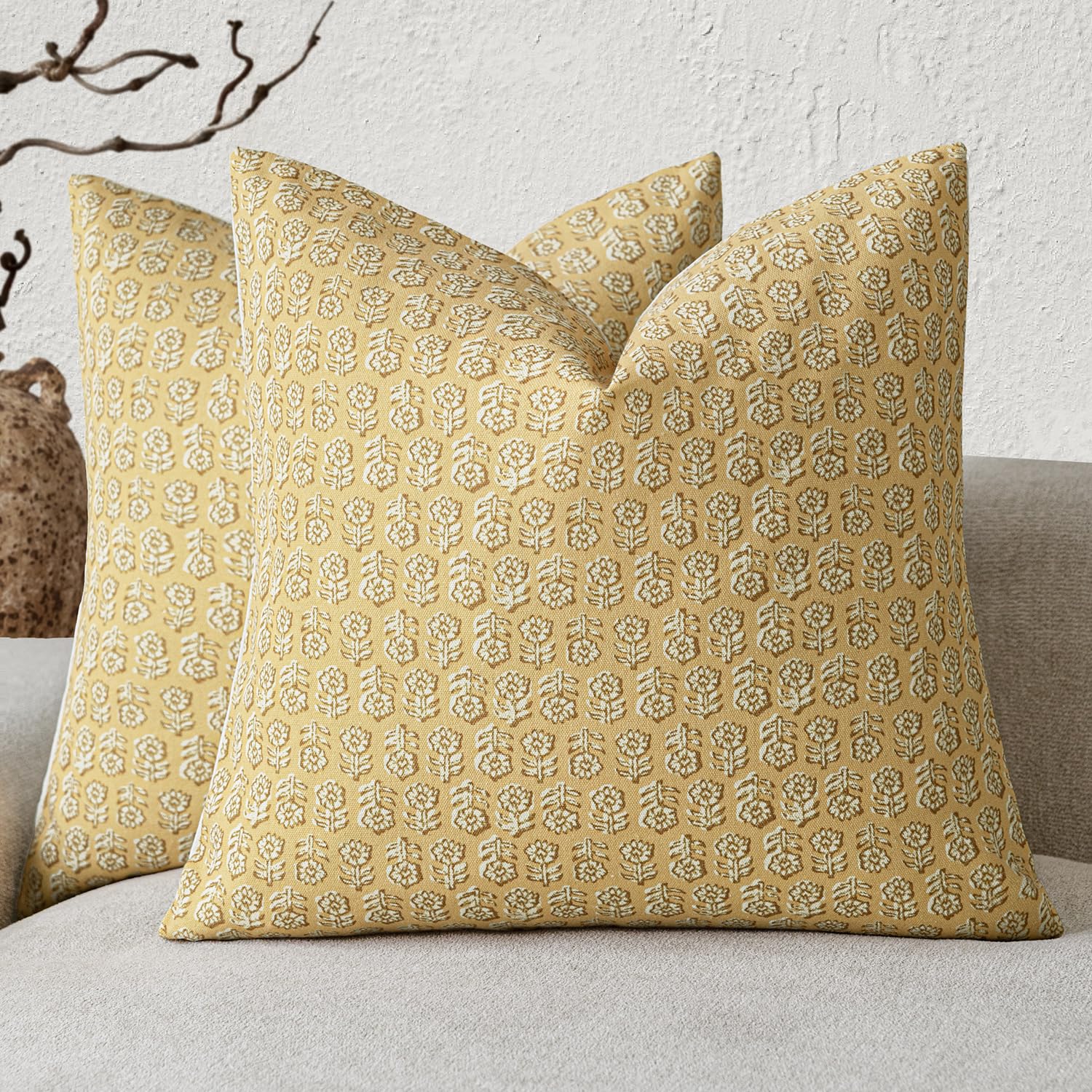Foindtower Decorative Floral Print Throw Pillow Covers 20×20 Light Yellow