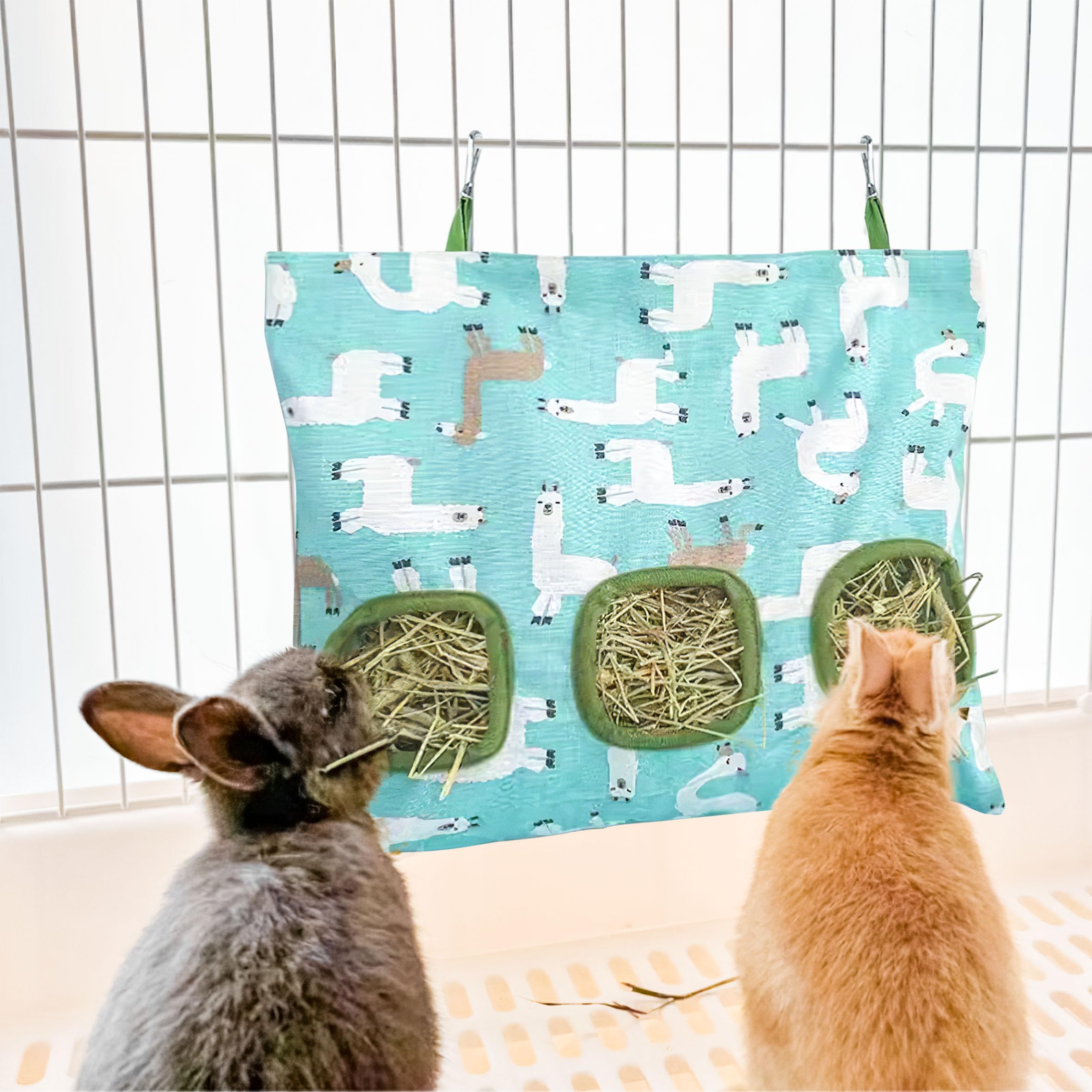 Lesnala 2pcs Bunny hay feeder Rabbit hay feeder bag Hanging guinea pig hay bag Large capacity cotton canvas fabric hay bag for Rabbits Bunny Chinchillas Hamsters and Other Small Pets(3 Holes,2 styles) - image 2