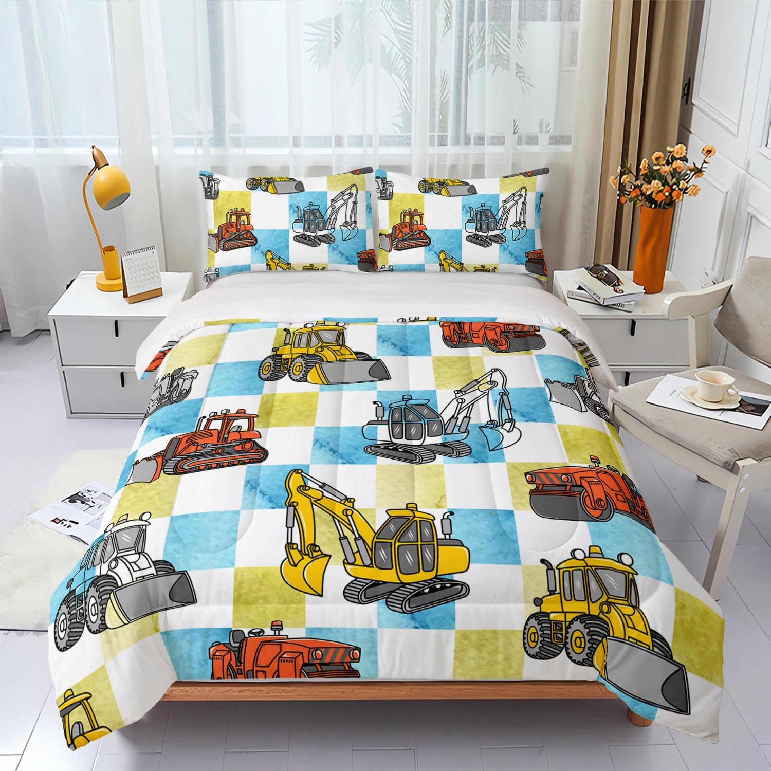 Boy's Construction Truck Comforter Set Twin,Orange,and Yellow Truck 3 Pieces Bedding Set for Kids Boys Teens,Blue and Yellow Plaid Microfiber Lightweight Quilt Bedroom Decor with 2 Pillow Cases
