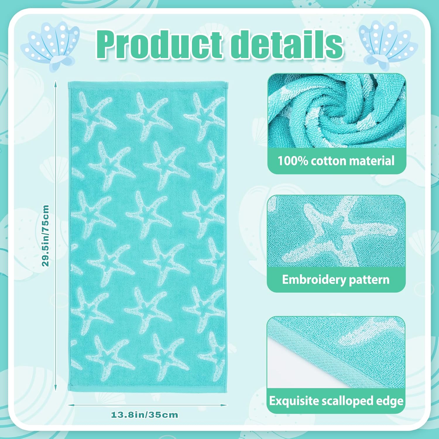 2 Pcs 13.7x29.5 Inch Coastal Hand Towels Starfish Seashell Bath Towel