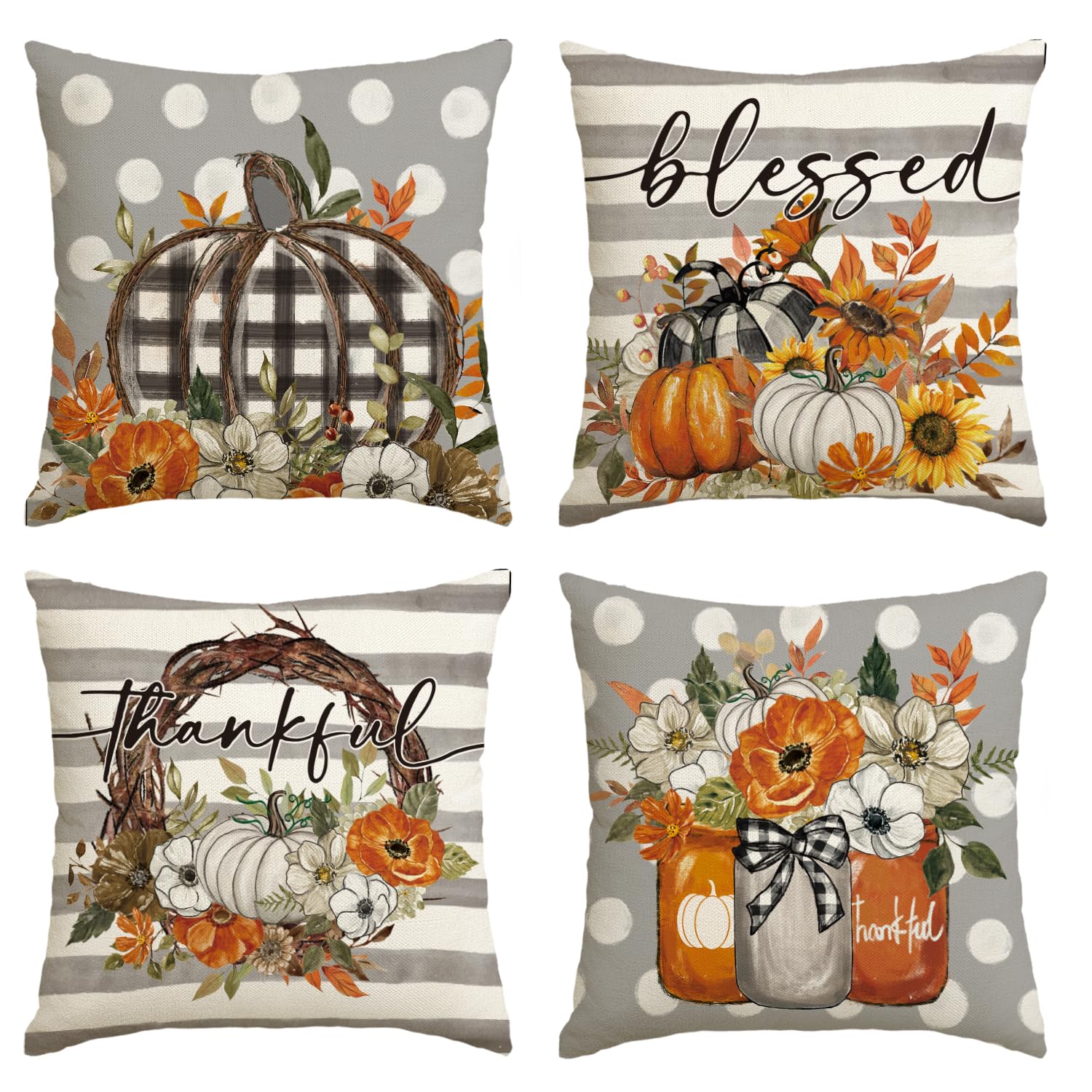 avoin colorlife fall pumpkin floral eucalyptus wreath throw pillow covers, 18 x 18 inch autumn thankful & blessed harvest decorations for sofa couch set of 4