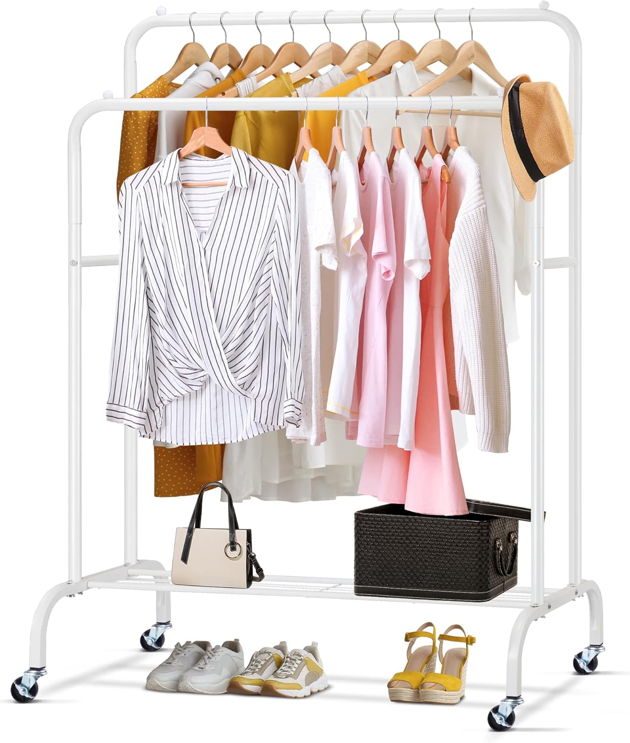 Sapodilla Double Rod Garment Rack with Shelf,Heavy Duty