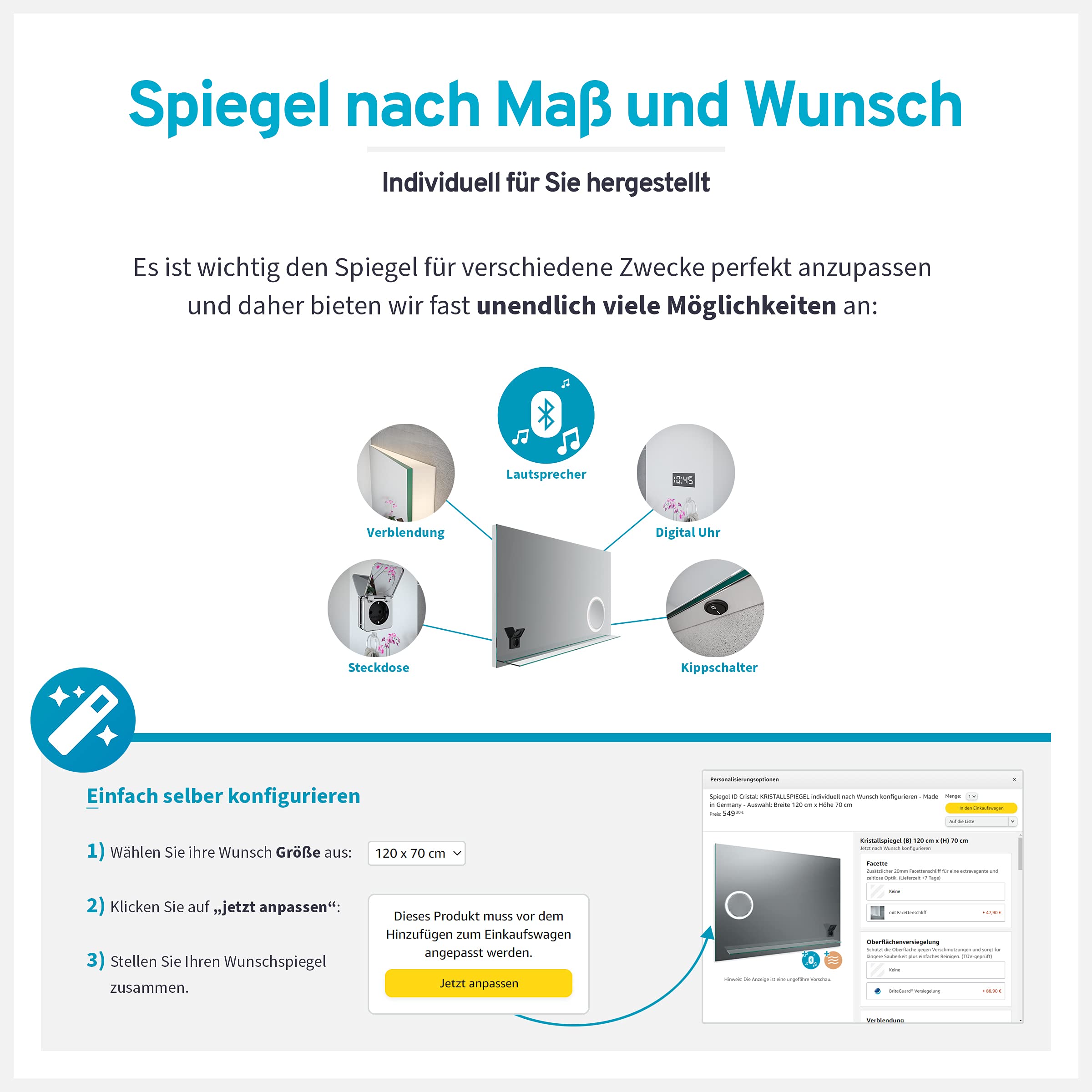 Spiegel ID Cristal: KRISTALLSPIEGEL 120x70 cm (Breite x Höhe) - nach Wunsch anpassen - Made in Germany - Badspiegel ohne Beleuchtung rahmenloser Spiegel