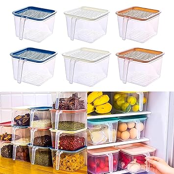 Angel Bear Plastic Multipurpose 1600Ml, 6 Pcs Fridge Organiser Kitchen Food Storage Container Space Saver Stackable Air Tight Jars Bins With Lids Handle (Unbreakable, Transparent)
