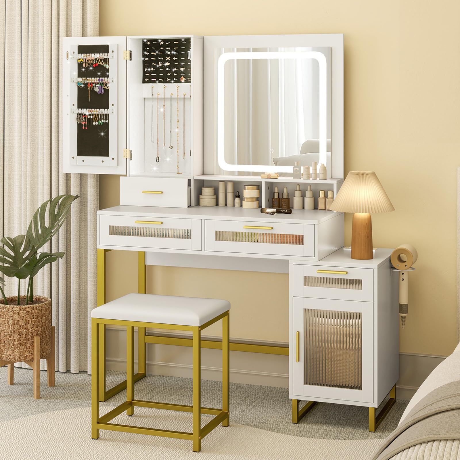 CHARMAID Vanity Desk with Mirror and Lights, White Makeup Vanity Desk with Jewelry Organizer, 4 Drawers, Side Cabinet, Charging Station, 44