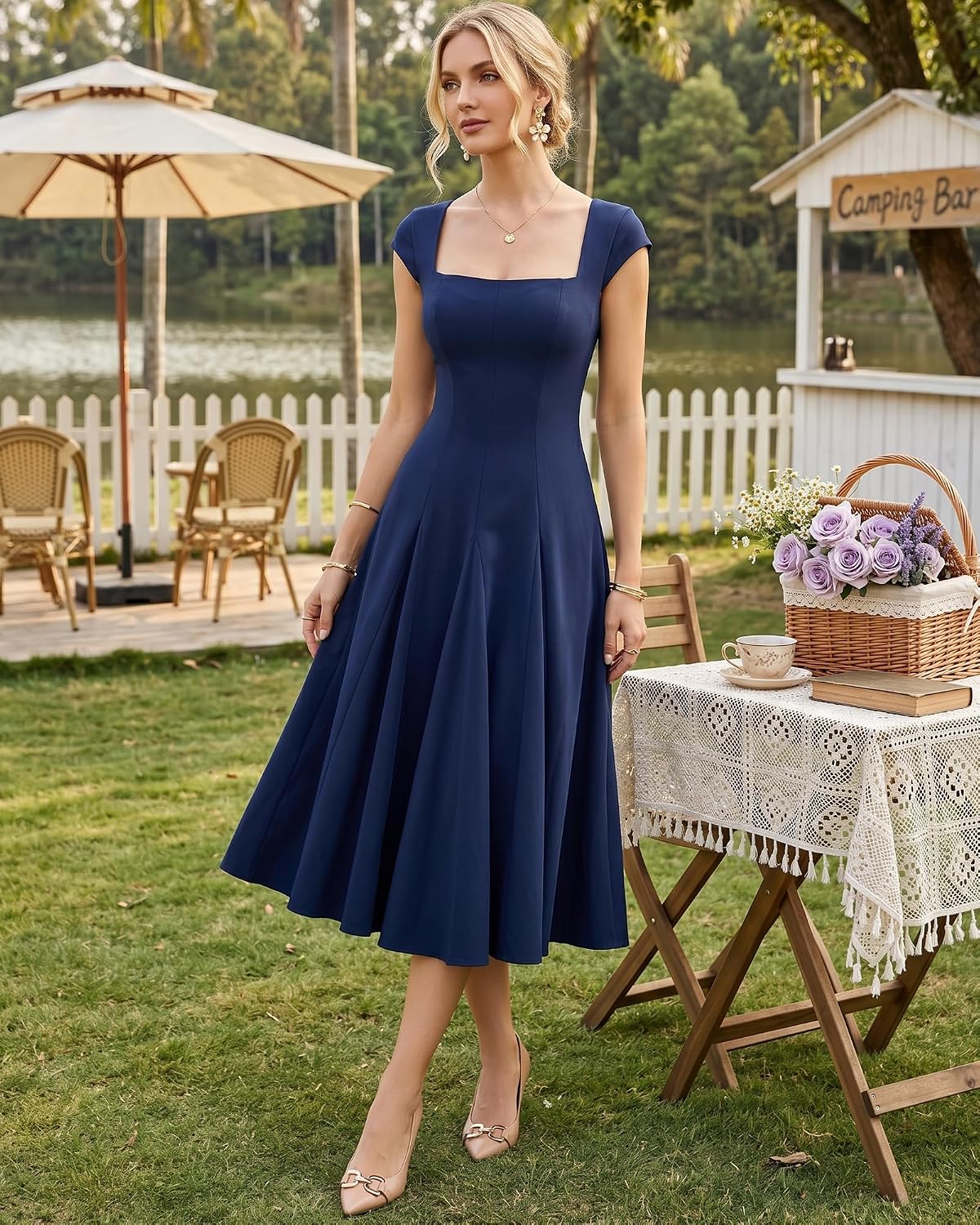 OXP Women's 2026 Summer Elegant Square Neck Cap Sleeve Midi Cocktail Semi Formal Dress for Wedding Guest Evening Party