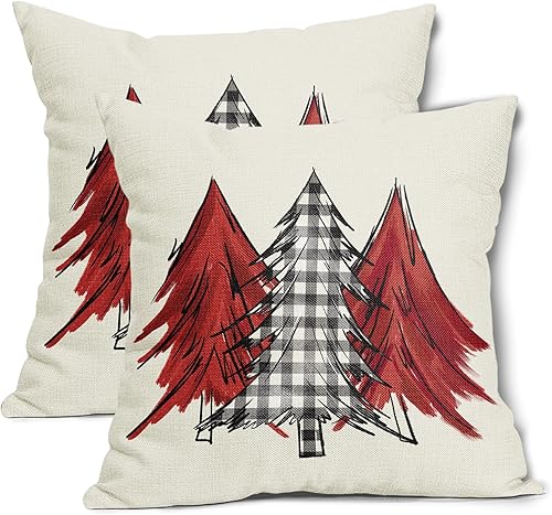 Miniatura 2 de Juego de 2 fundas de almohada con diseño de acuarela para árbol de Navidad de 16 x 16 pulgadas, color rojo, negro y blanco, a cuadros, para