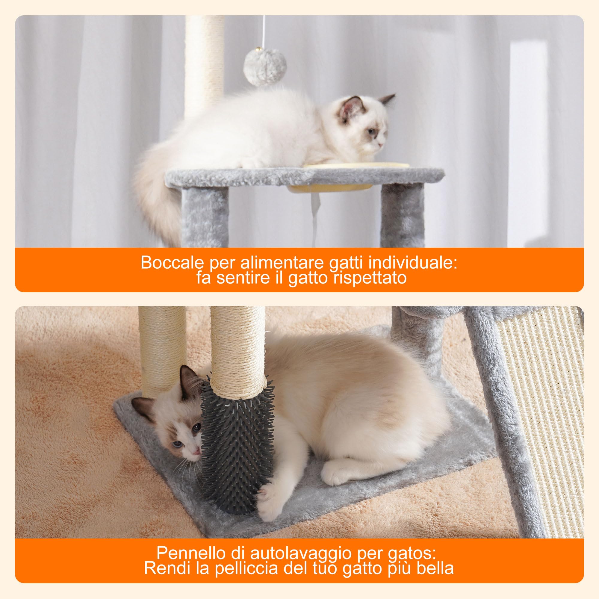 Heybly Albero Per Gatti, Il Pennello di Autocurazione, l'Albero per Gatto Domestici, con Peluche Lisce, Poltrona di Riposo, Nido per Gatti e Paletti per Graffiare, Grigio Chiaro HCT005SW