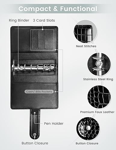 Miniatura 4 de Zreal Carpeta de presupuesto A7 con 12 sobres de efectivo, organizador de dinero para efectivo, mini cartera negra para carpeta de relleno de