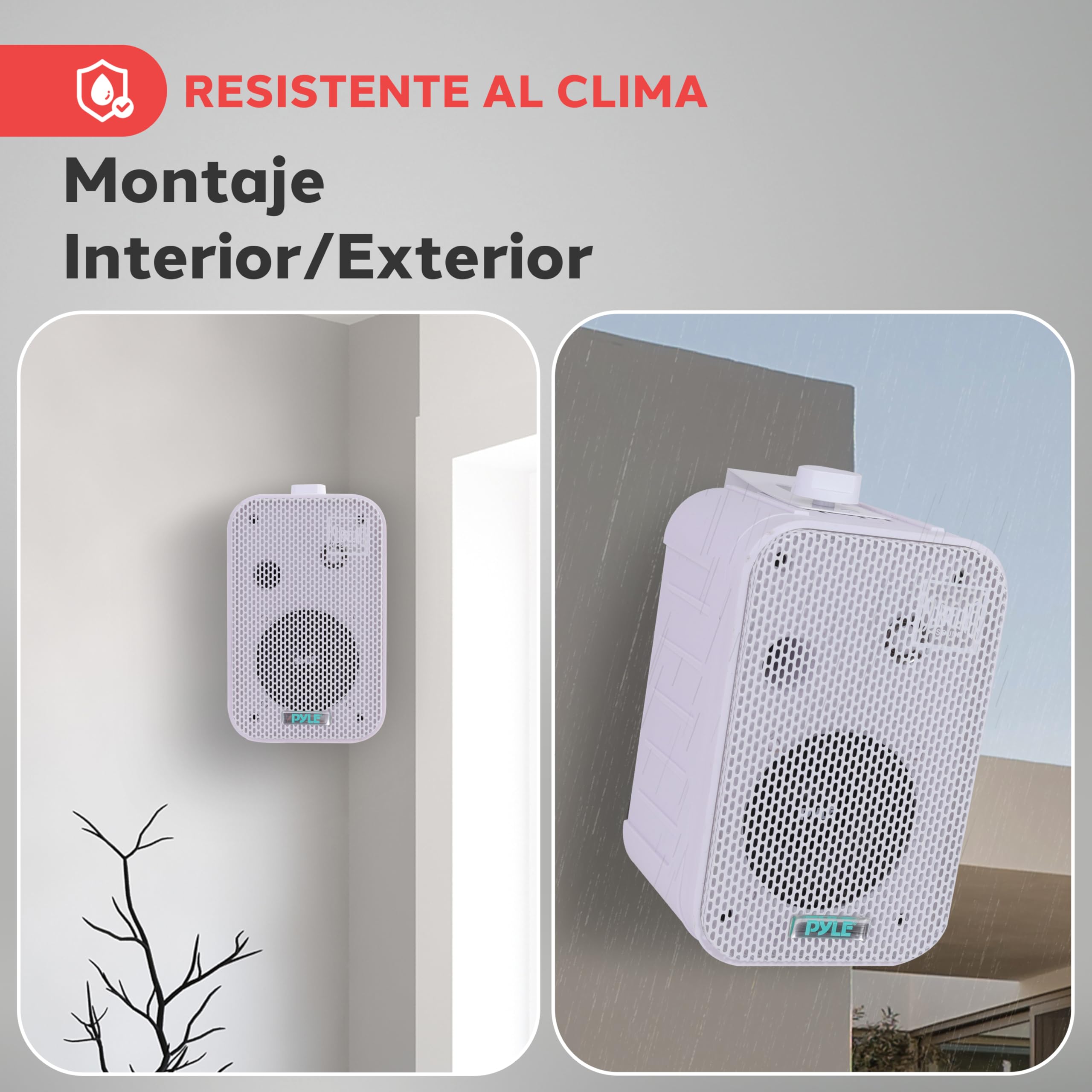 Pyle par de Altavoces Marinos, Woofer de 3.5”, Tweeter 1, Potencia de 300V Montaje en Pared, Techo, Interiores, Exteriores
