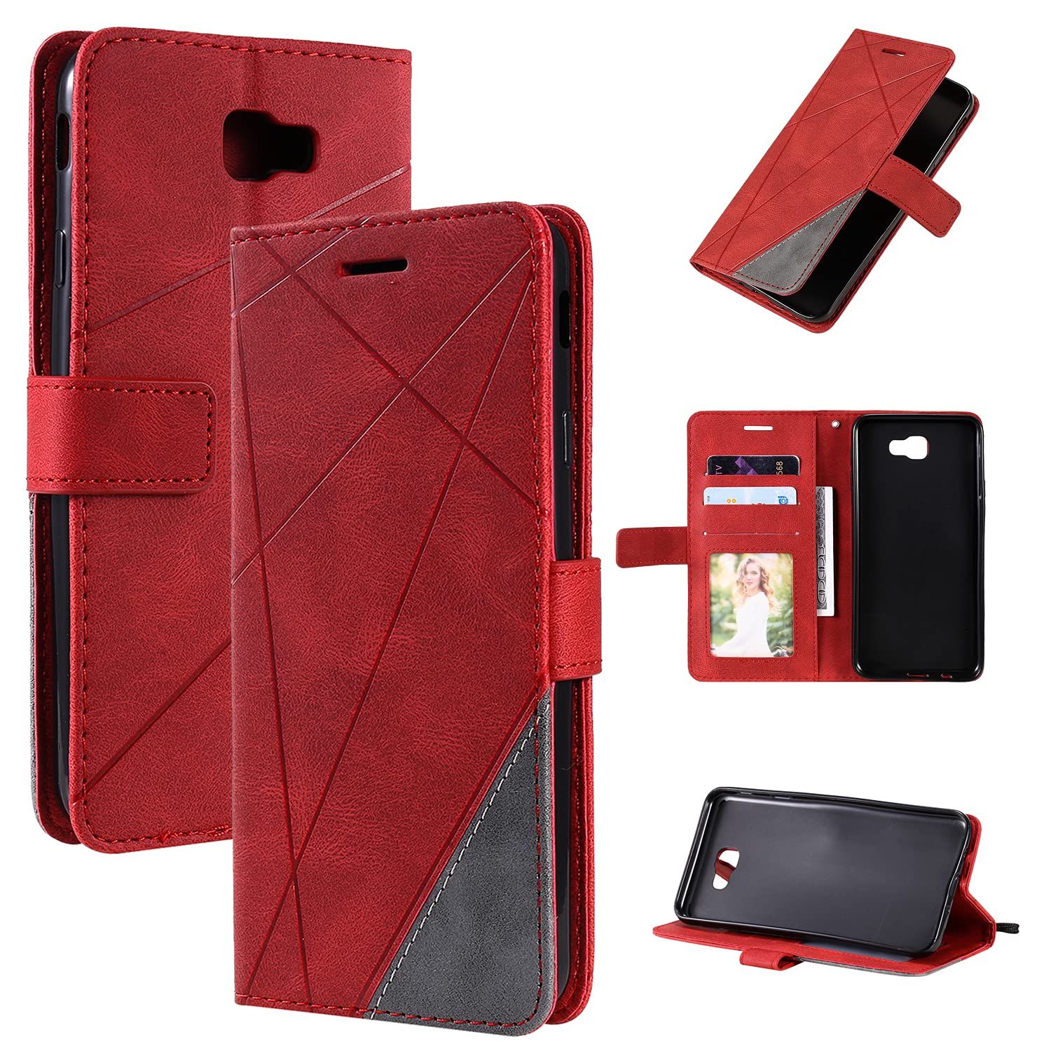 SONWO Case for Galaxy J7 Prime/Galaxy On 7 Case, Premium Leather Flip Wallet Case Magnetic Closure Card Slots Kickstand Phone Case for Galaxy J7 Prime/Galaxy On 7, Red - Image 4